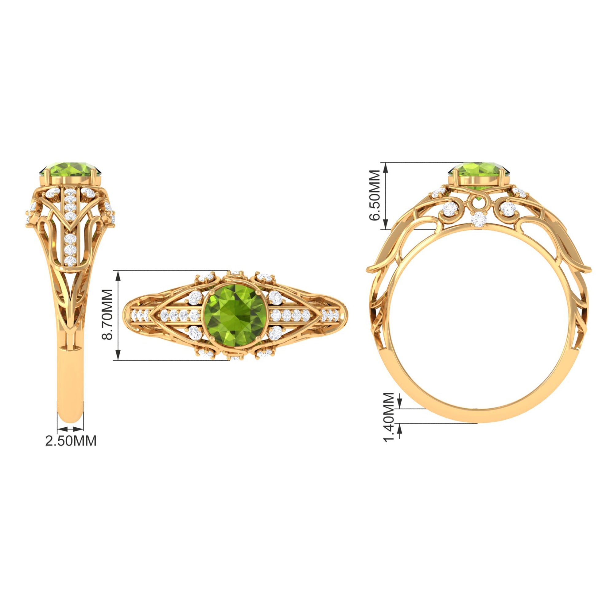 Antique Style Round Peridot Engagement Ring with Diamond Peridot - ( AAA ) - Quality - Rosec Jewels