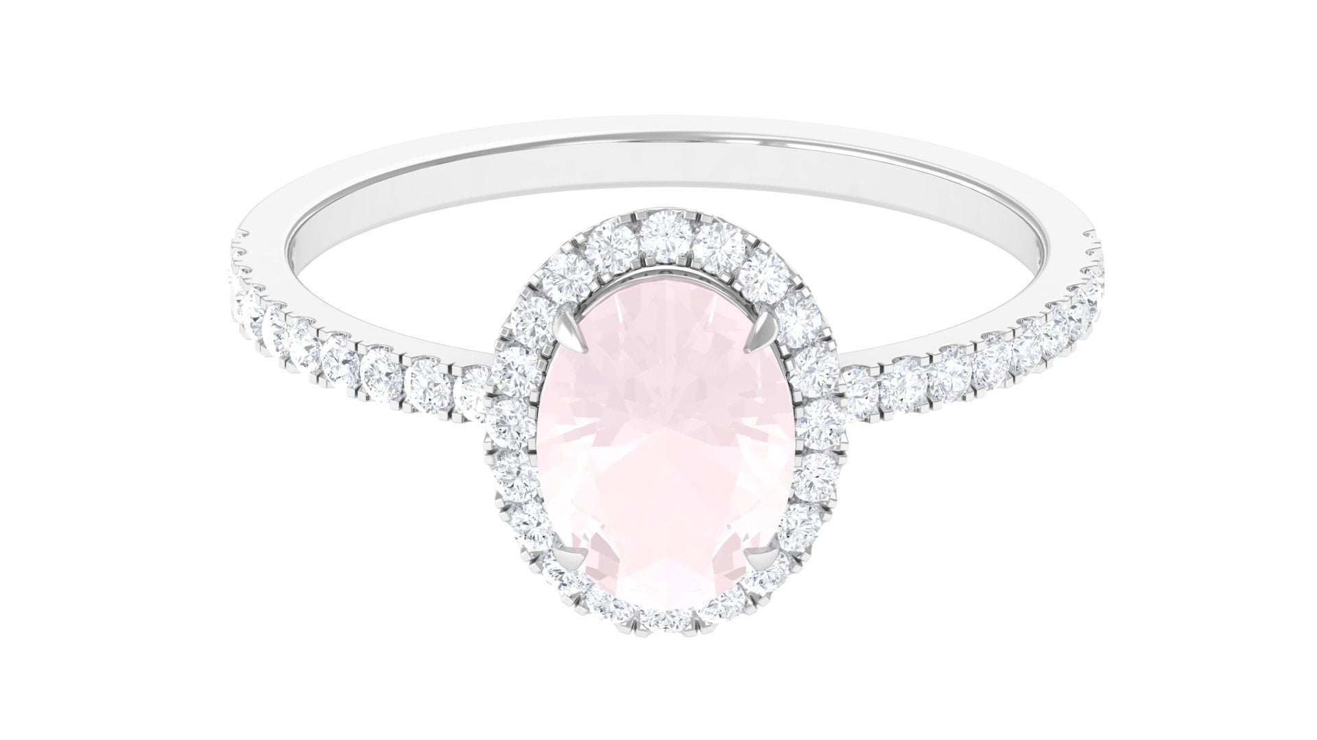 Oval Rose Quartz Halo Engagement Ring with Diamond Rose Quartz - ( AAA ) - Quality - Rosec Jewels