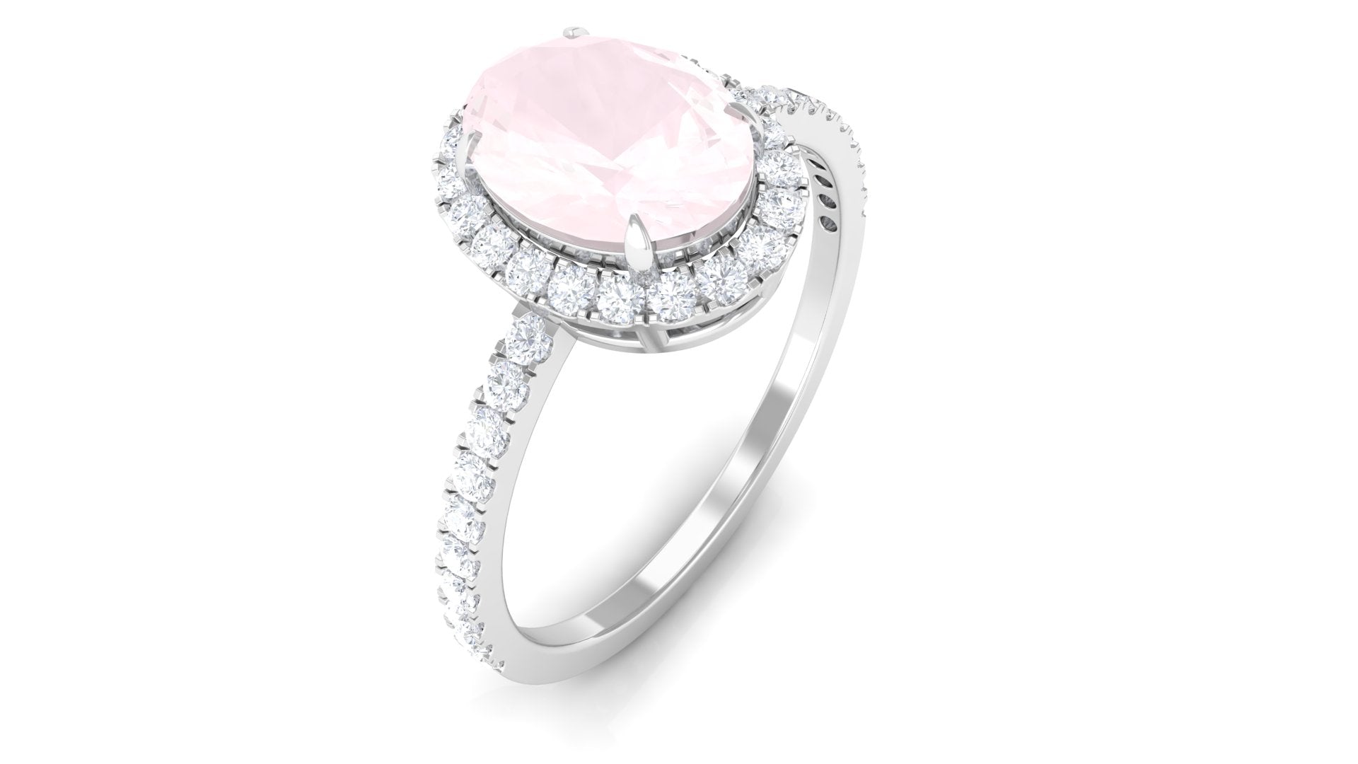 Oval Rose Quartz Halo Engagement Ring with Diamond Rose Quartz - ( AAA ) - Quality - Rosec Jewels