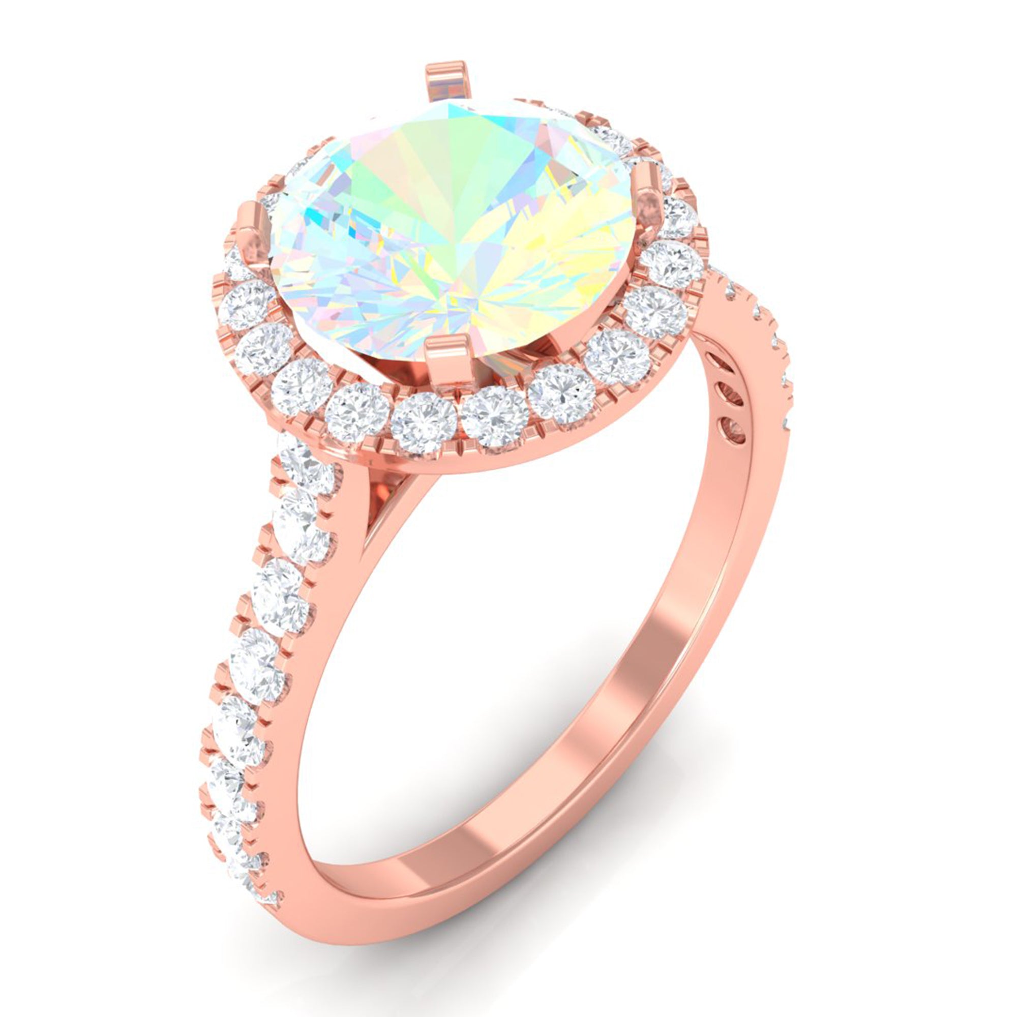 3 CT Round Ethiopian Opal Halo Engagement Ring with Moissanite Ethiopian Opal - ( AAA ) - Quality - Rosec Jewels