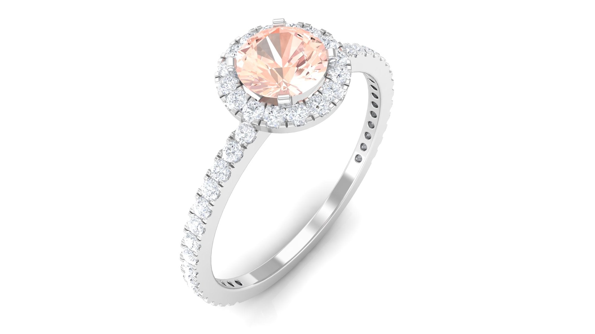 Round Shape Morganite Halo Engagement Ring with Diamond Morganite - ( AAA ) - Quality - Rosec Jewels