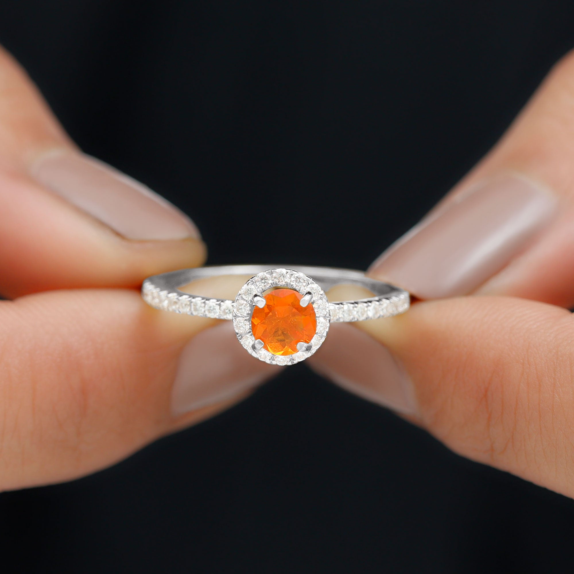 Round Shape Fire Opal Halo Engagement Ring with Diamond Fire Opal - ( AAA ) - Quality - Rosec Jewels