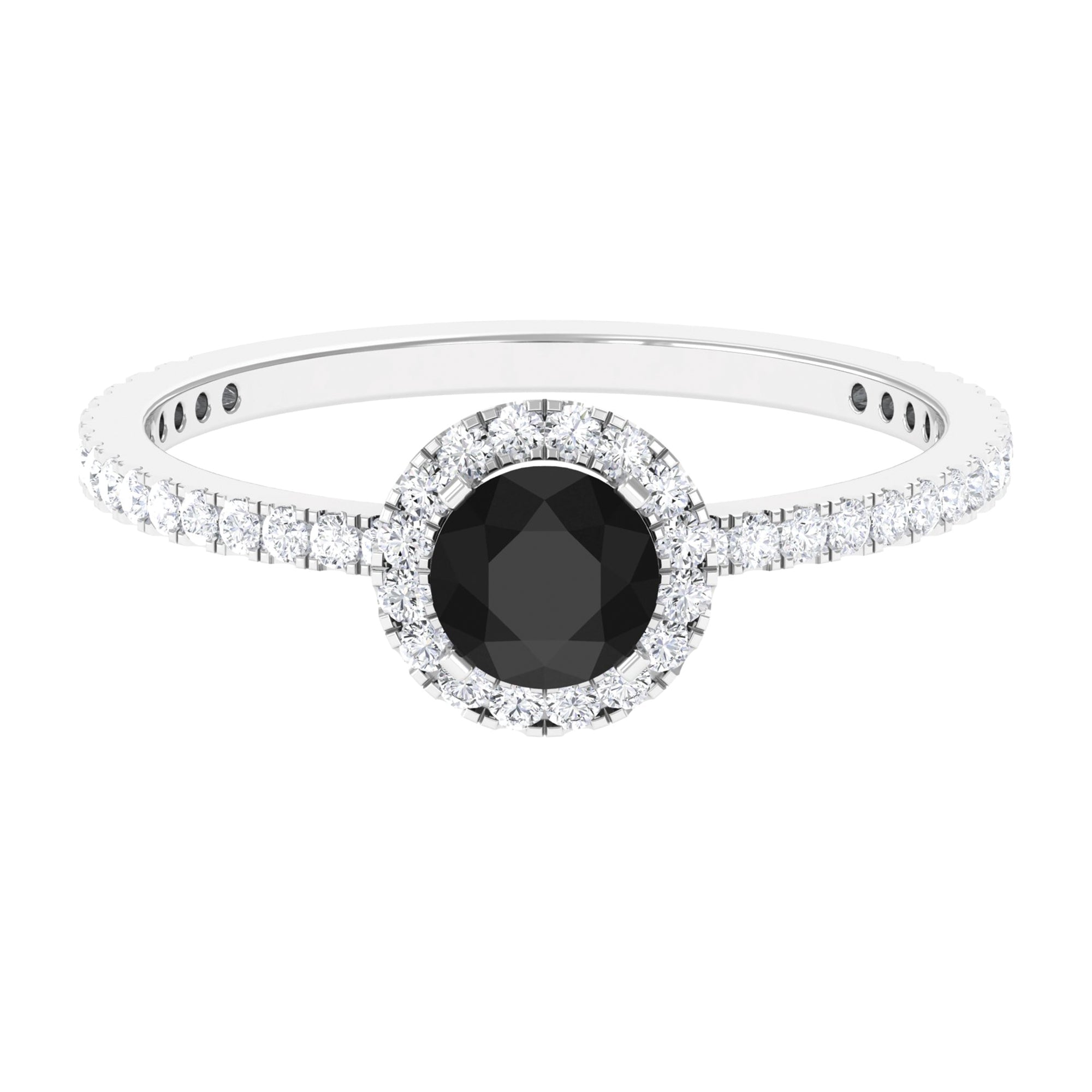 Round Shape Black Onyx Halo Engagement Ring with Diamond Black Onyx - ( AAA ) - Quality - Rosec Jewels