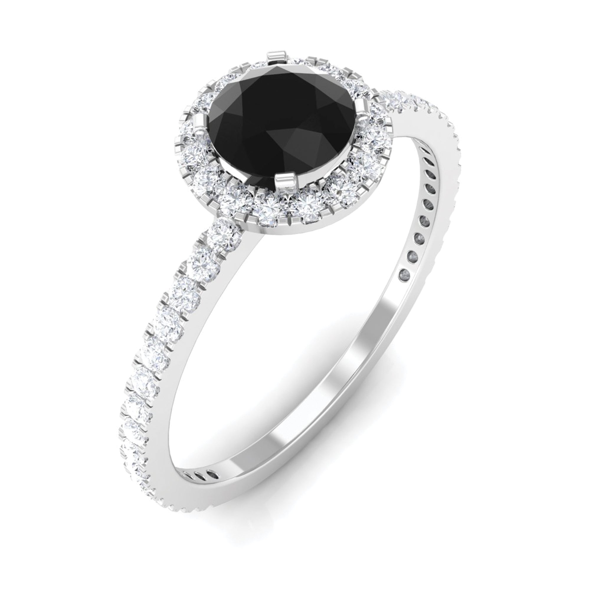 Round Shape Black Onyx Halo Engagement Ring with Diamond Black Onyx - ( AAA ) - Quality - Rosec Jewels