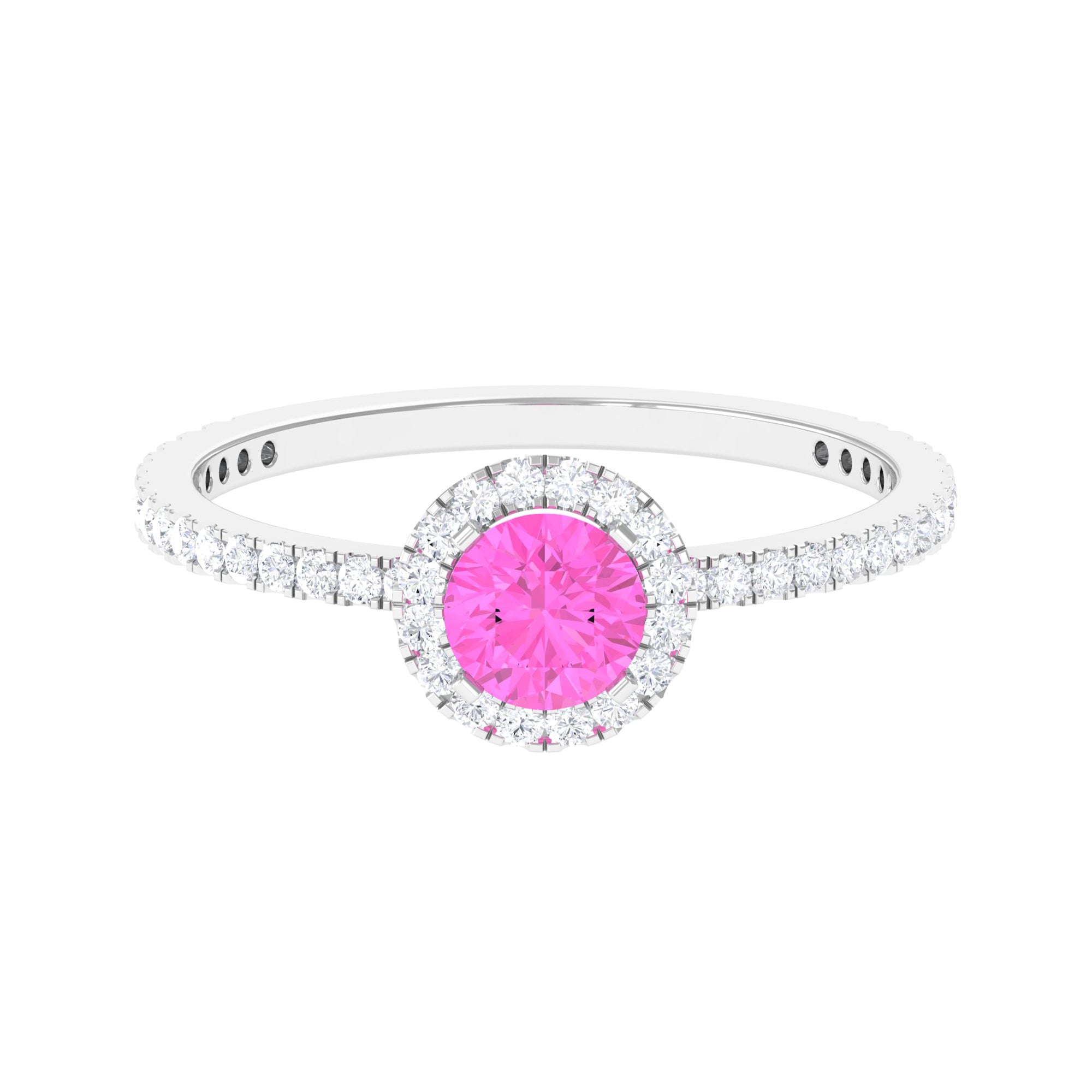 Round Pink Sapphire Halo Engagement Ring with Diamond Pink Sapphire - ( AAA ) - Quality - Rosec Jewels