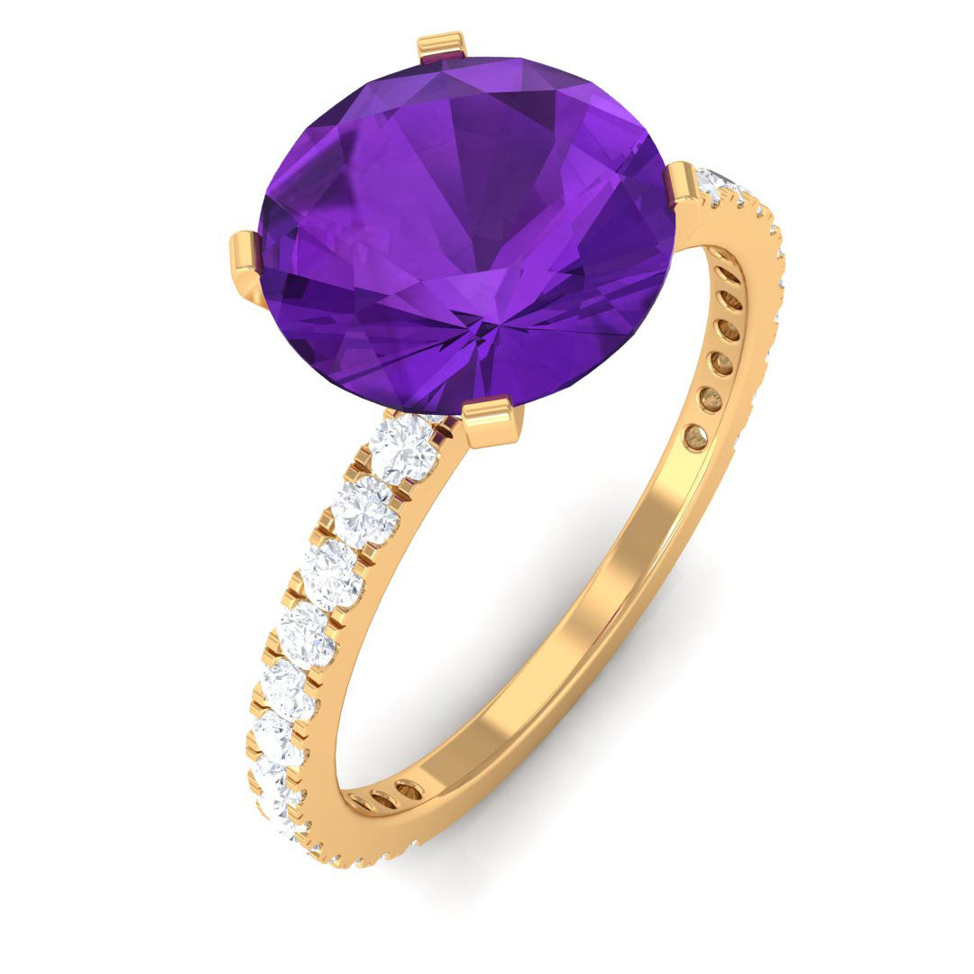 Solitaire Amethyst Engagement Ring with Diamond Side Stones Amethyst - ( AAA ) - Quality - Rosec Jewels