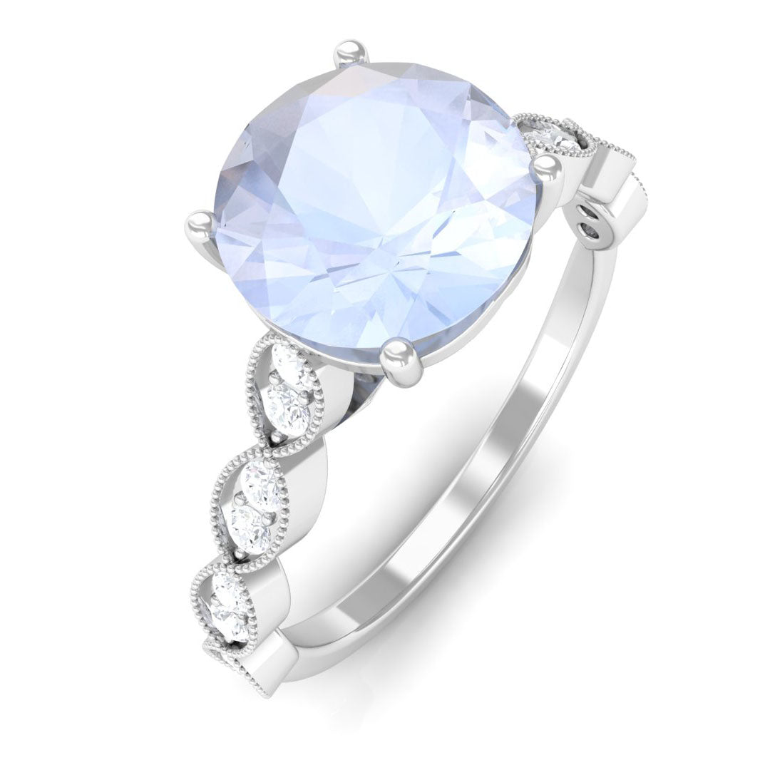 Round Moonstone Solitaire Engagement Ring with Diamond Moonstone - ( AAA ) - Quality - Rosec Jewels