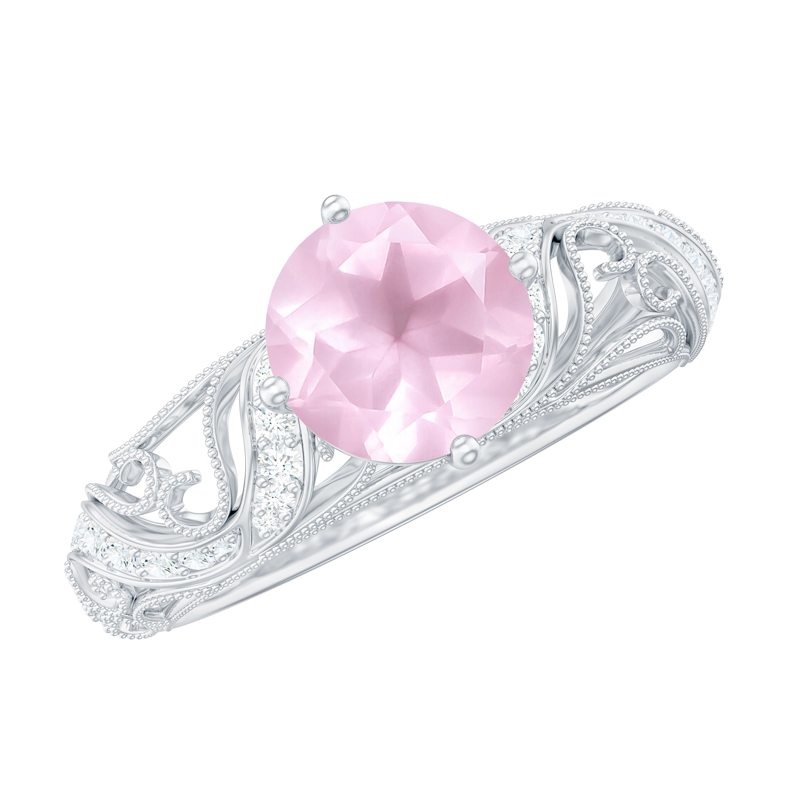 Solitaire Rose Quartz Vintage Inspired Engagement Ring with Diamond Rose Quartz - ( AAA ) - Quality - Rosec Jewels