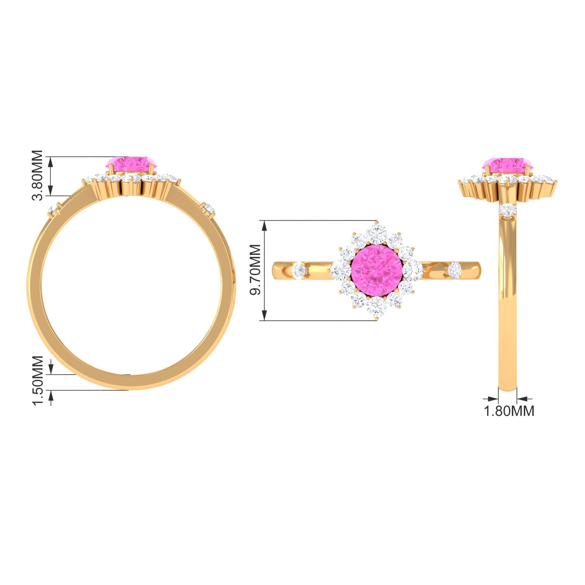 1 CT Round Pink Sapphire and Diamond Halo Engagement Ring Pink Sapphire - ( AAA ) - Quality - Rosec Jewels