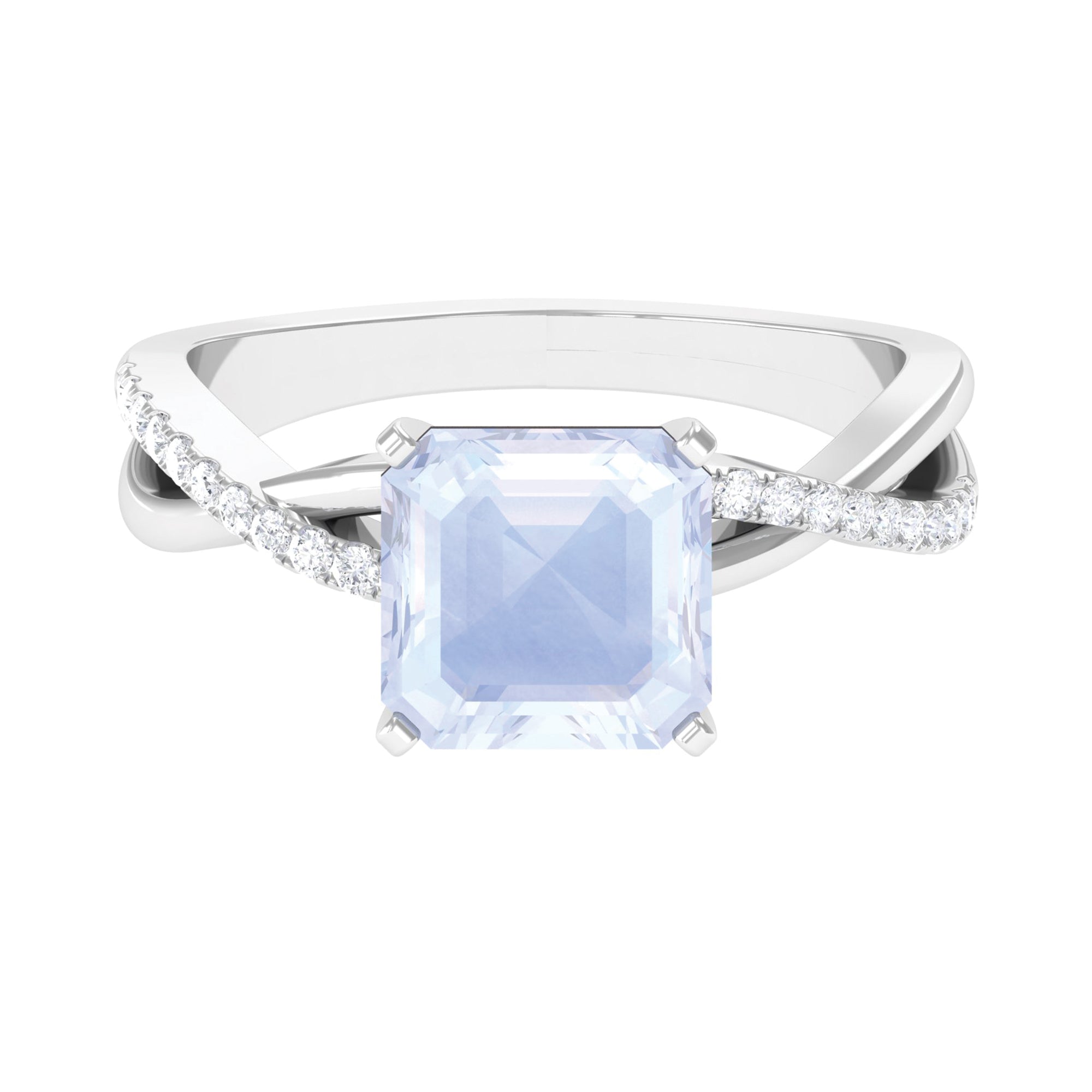 Asscher Cut Moonstone and Diamond Engagement Ring with Twisted Shank Moonstone - ( AAA ) - Quality - Rosec Jewels