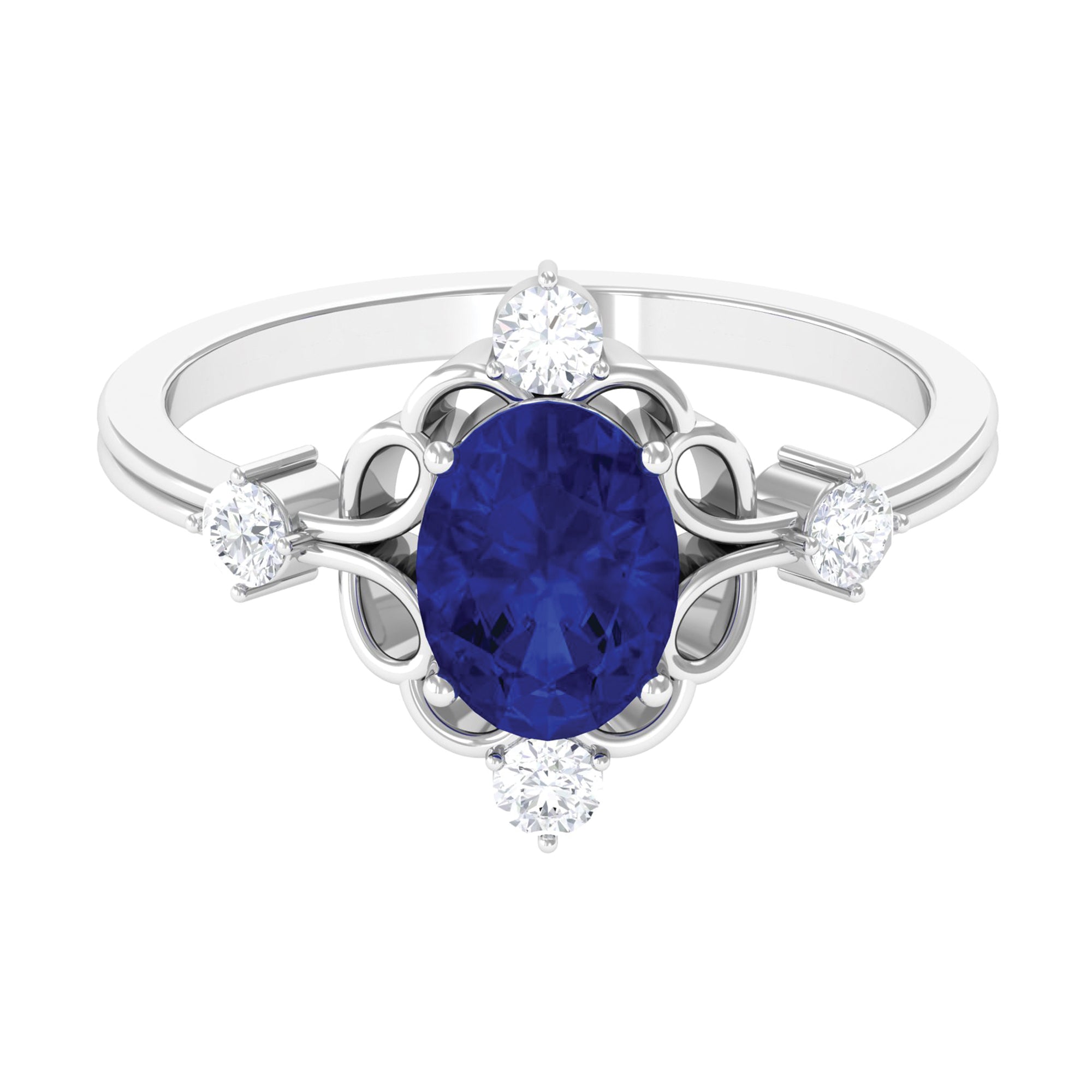 Oval Cut Solitaire Created Blue Sapphire Engagement Ring with Diamond Lab Created Blue Sapphire - ( AAAA ) - Quality - Rosec Jewels