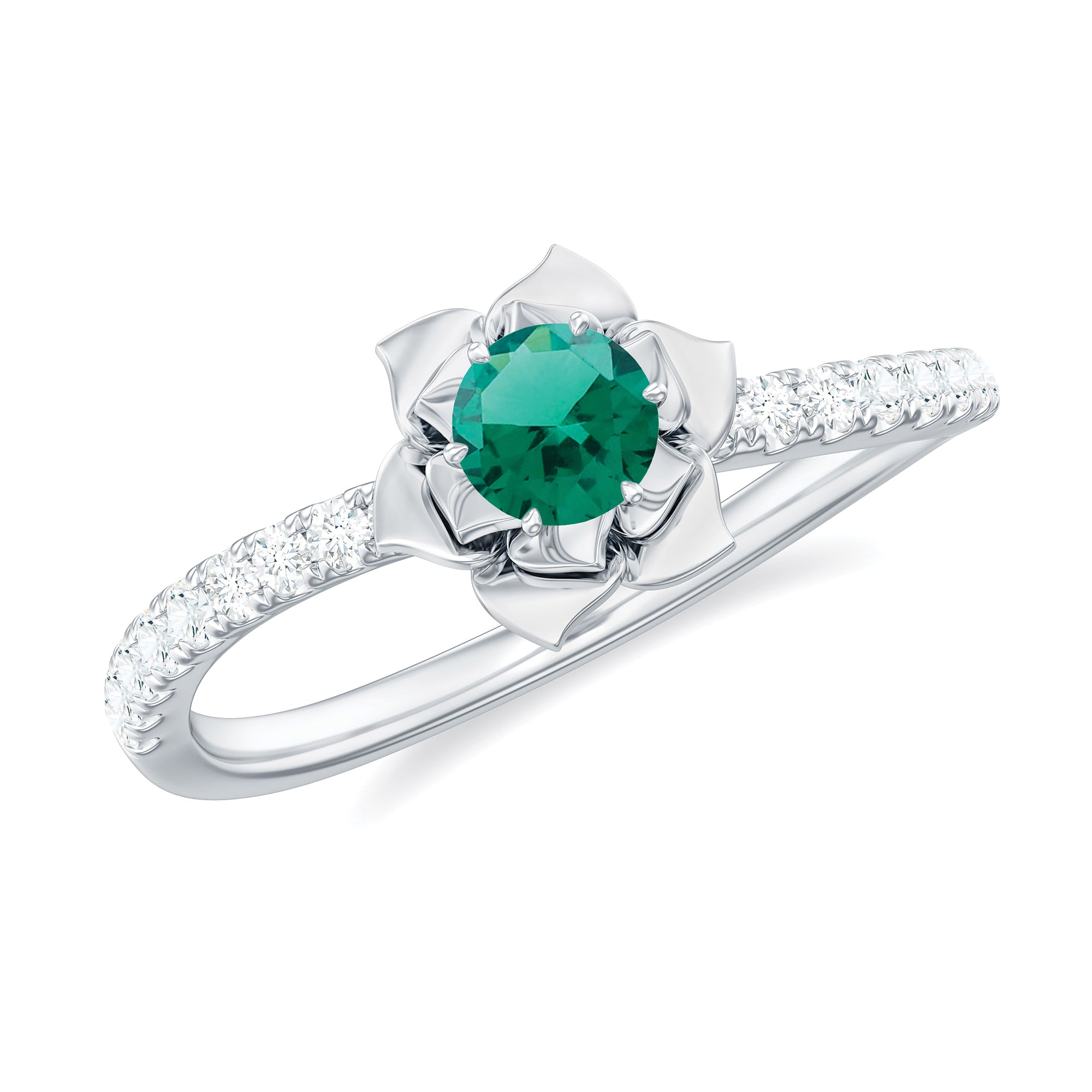 Lab-Created Emerald and Diamond Flower Engagement Ring Lab Created Emerald - ( AAAA ) - Quality - Rosec Jewels