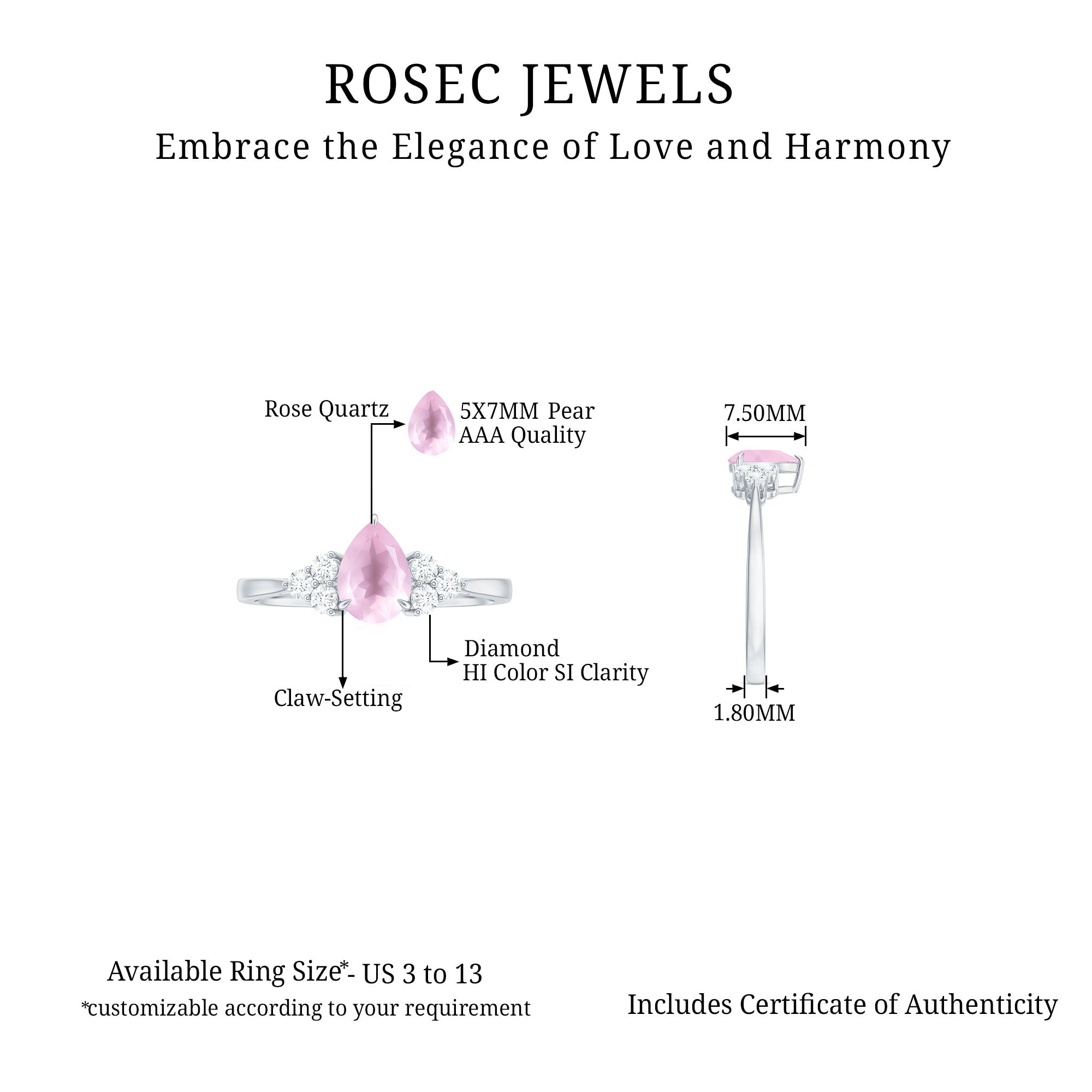 Pear Shaped Rose Quartz Solitaire Engagement Ring with Diamond Trio Rose Quartz - ( AAA ) - Quality - Rosec Jewels