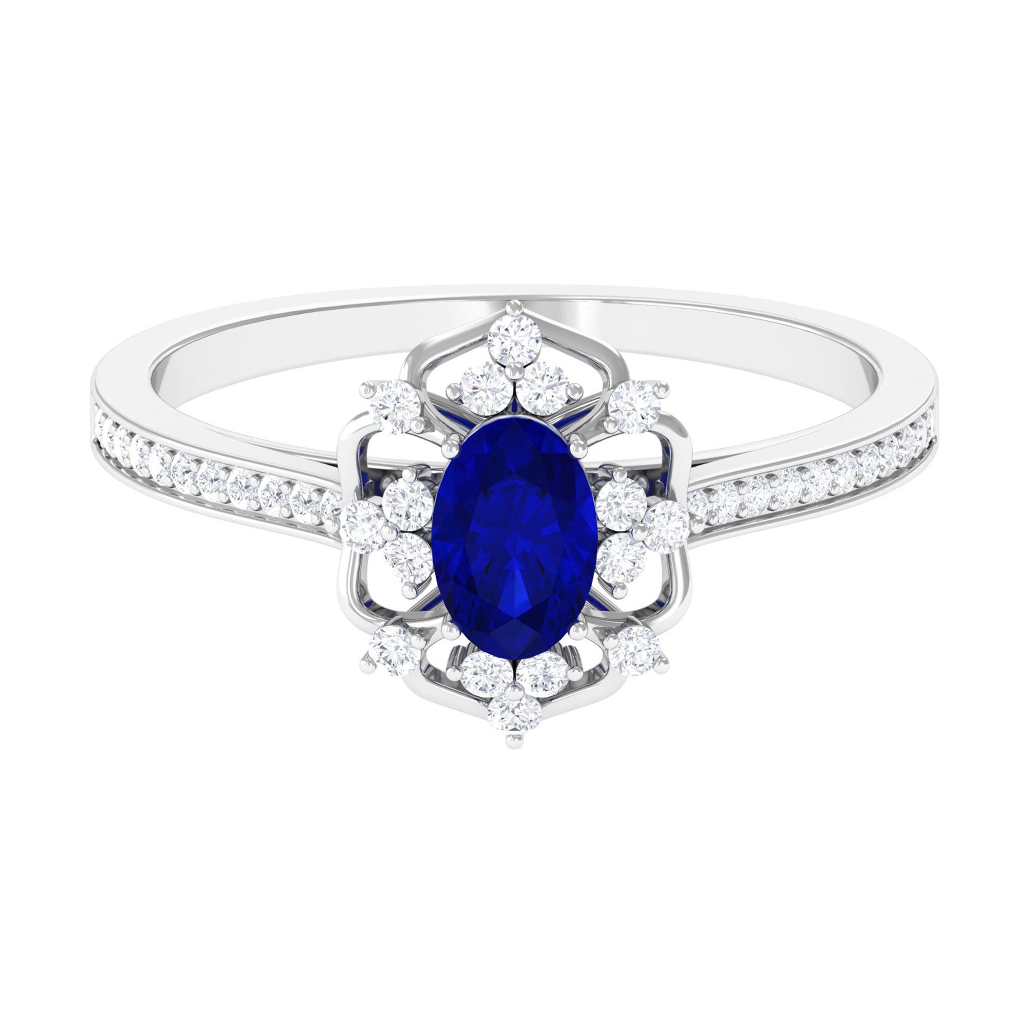 Vintage Style Created Blue Sapphire and Diamond Flower Engagement Ring Lab Created Blue Sapphire - ( AAAA ) - Quality - Rosec Jewels