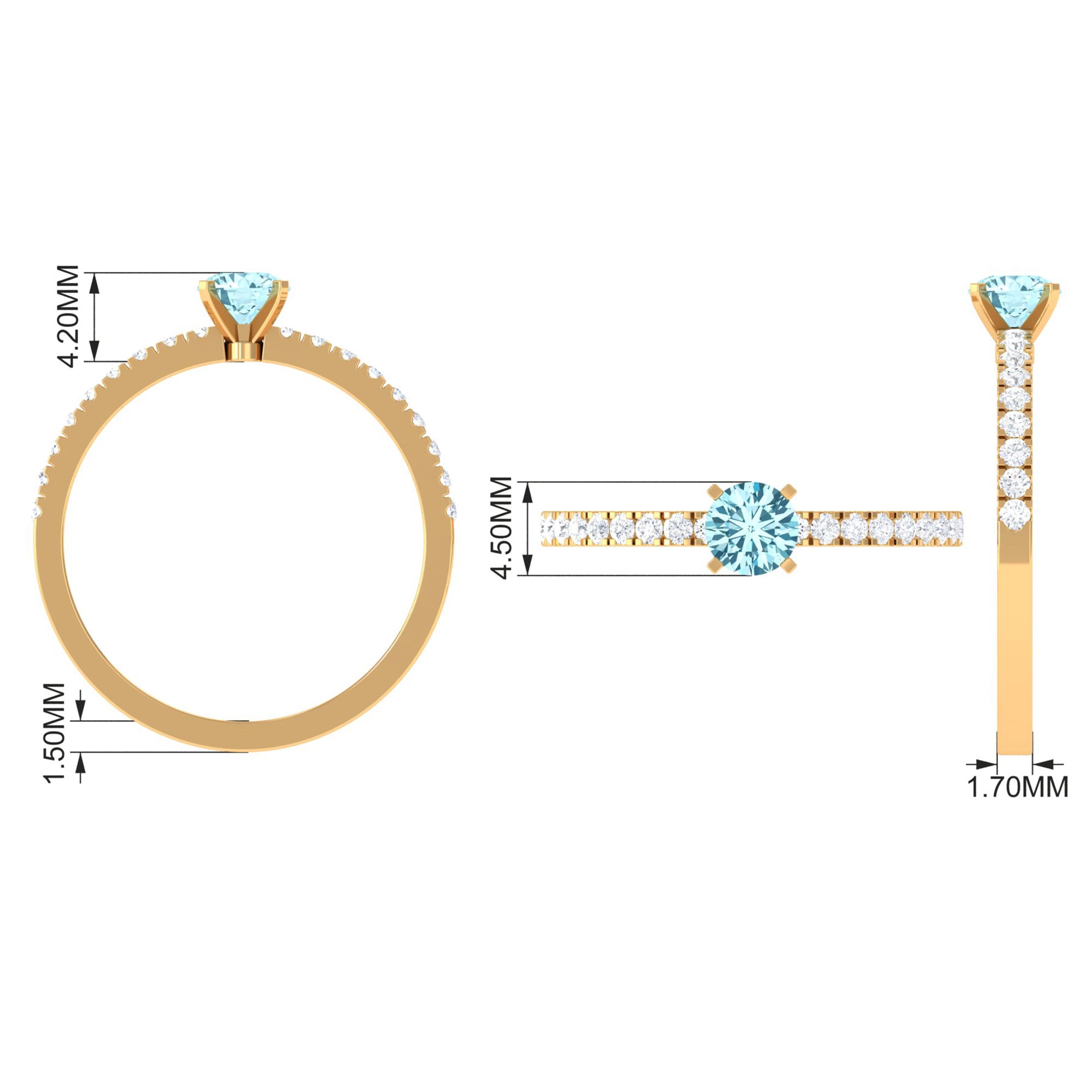 Simple Round Aquamarine Solitaire Ring with Diamond Side Stones Aquamarine - ( AAA ) - Quality - Rosec Jewels