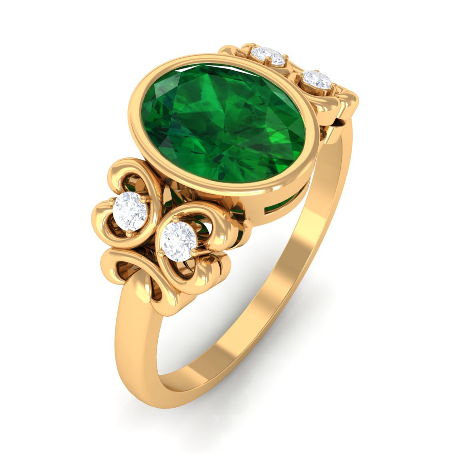 Bezel Set Oval Created Emerald Statement Engagement Ring with Diamond Lab Created Emerald - ( AAAA ) - Quality - Rosec Jewels