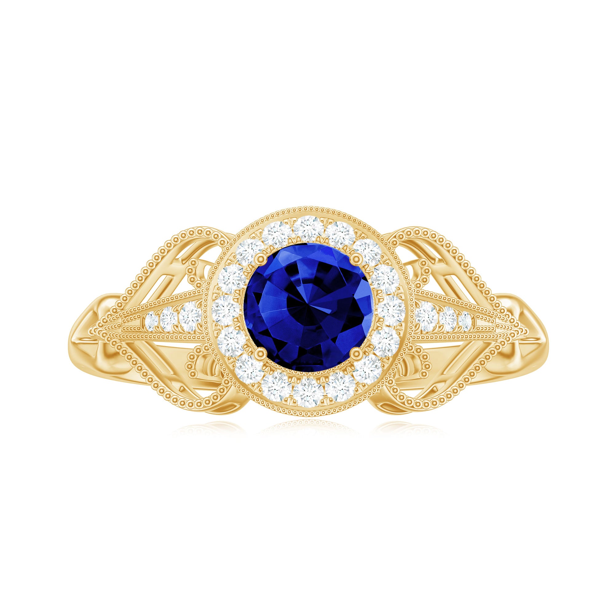 Vintage Lab-Created Blue Sapphire Diamond Engagement Ring Lab Created Blue Sapphire - ( AAAA ) - Quality - Rosec Jewels