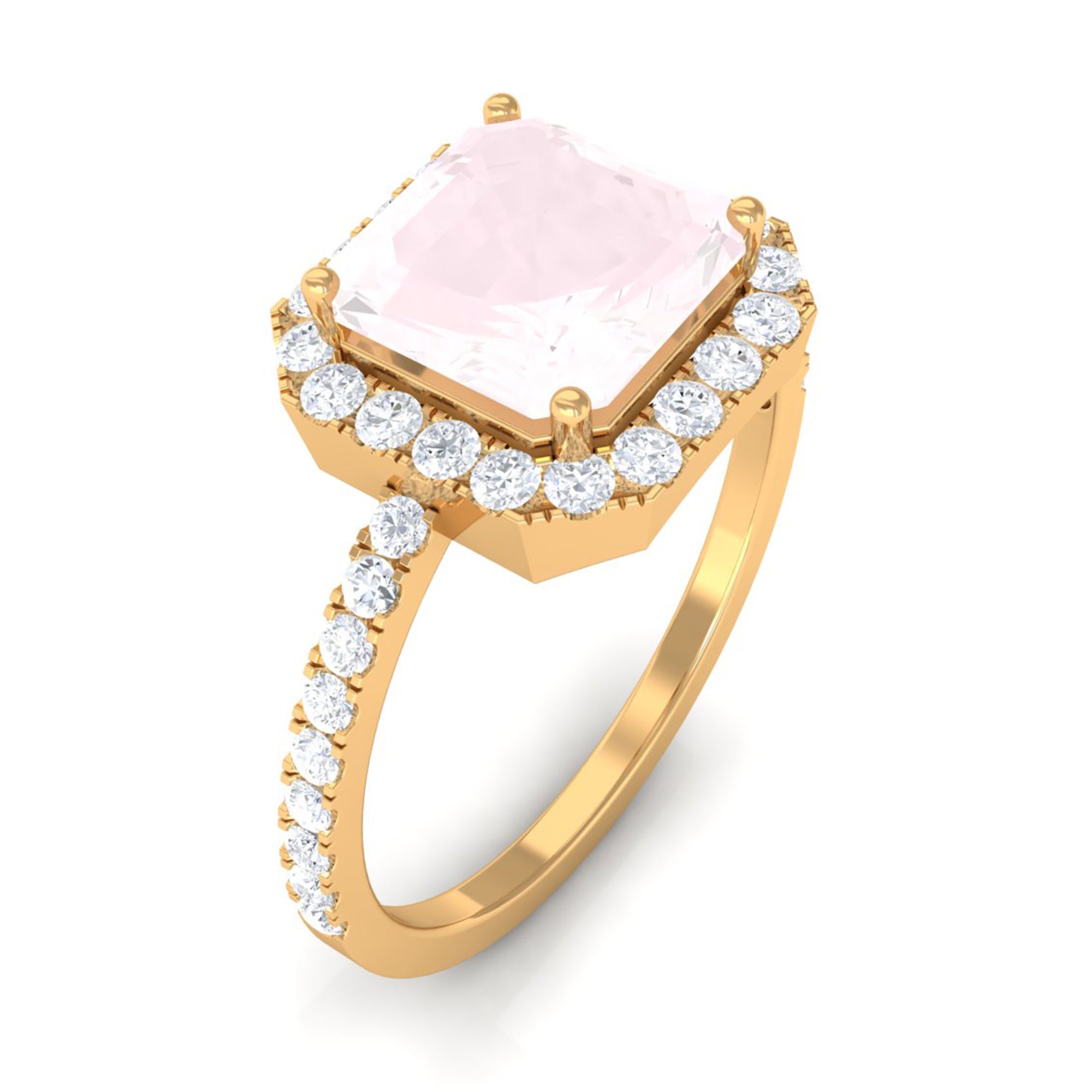 Asscher Cut Rose Quartz Halo Engagement Ring with Diamond Rose Quartz - ( AAA ) - Quality - Rosec Jewels