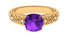 Cushion Cut Solitaire Amethyst Floral Engagement Ring with Diamond Amethyst - ( AAA ) - Quality - Rosec Jewels