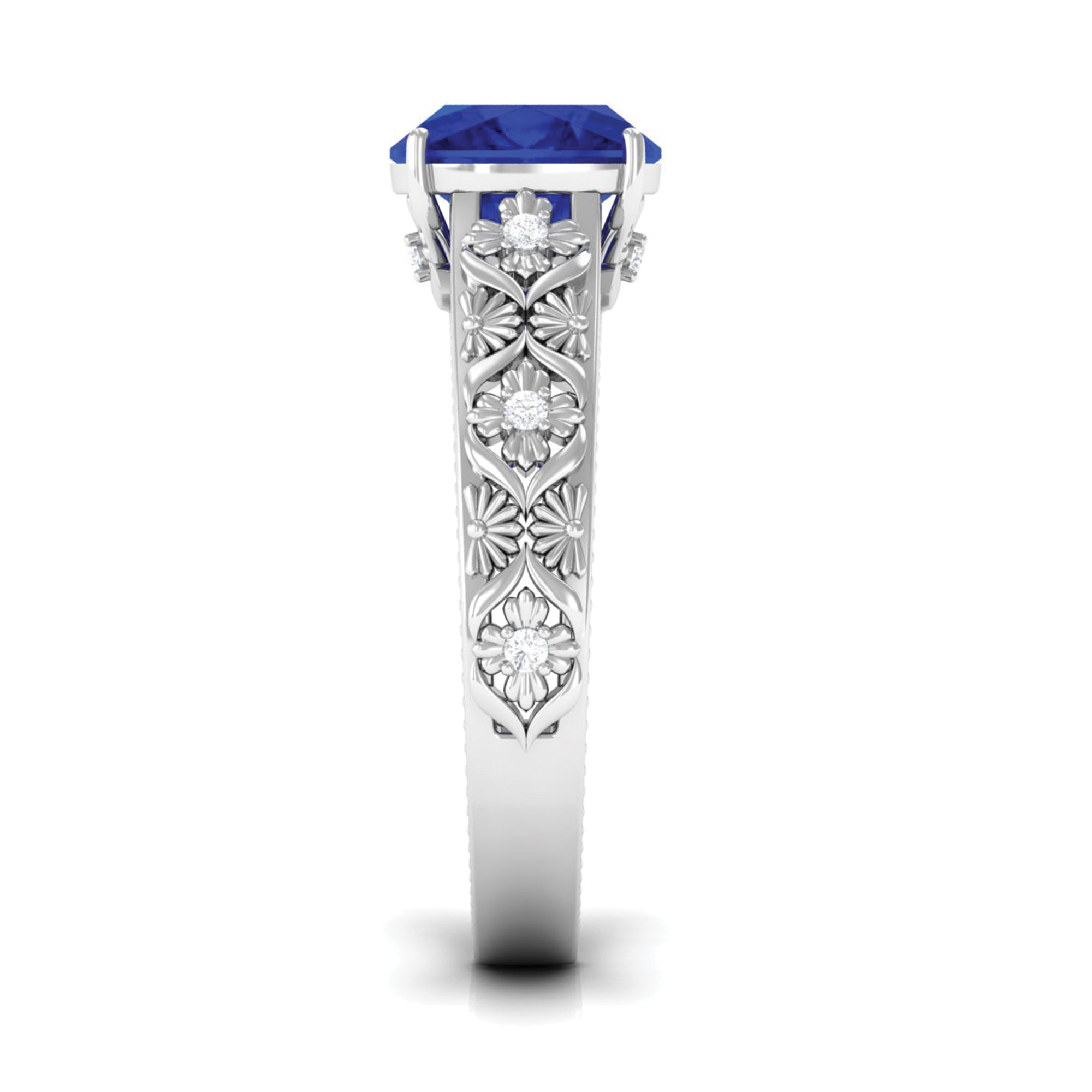 Cushion Cut Solitaire Created Blue Sapphire Floral Engagement Ring with Diamond Lab Created Blue Sapphire - ( AAAA ) - Quality - Rosec Jewels