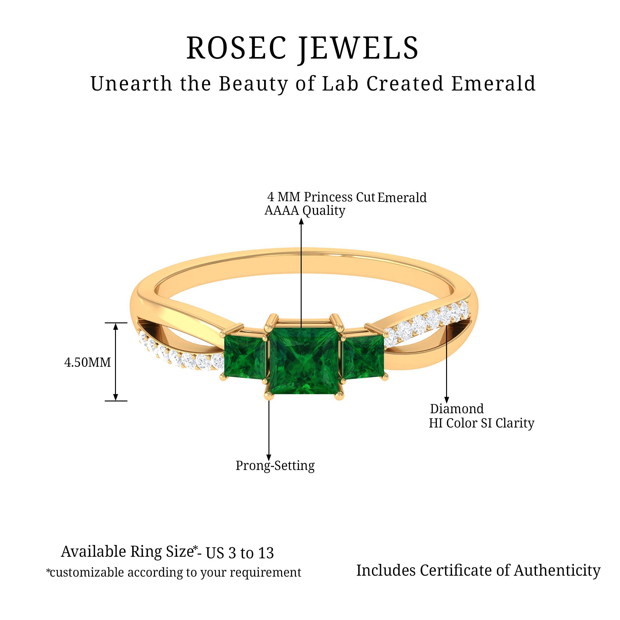 Princess Cut Created Emerald 3 Stone Ring with Diamond Lab Created Emerald - ( AAAA ) - Quality - Rosec Jewels