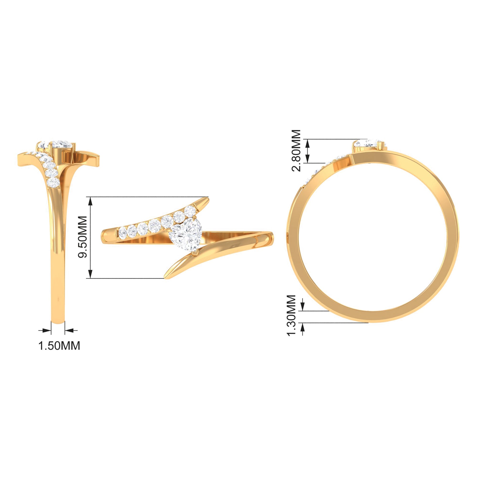 0.50 CT Heart Moissanite Bypass Promise Ring in Gold Moissanite - ( D-VS1 ) - Color and Clarity - Rosec Jewels