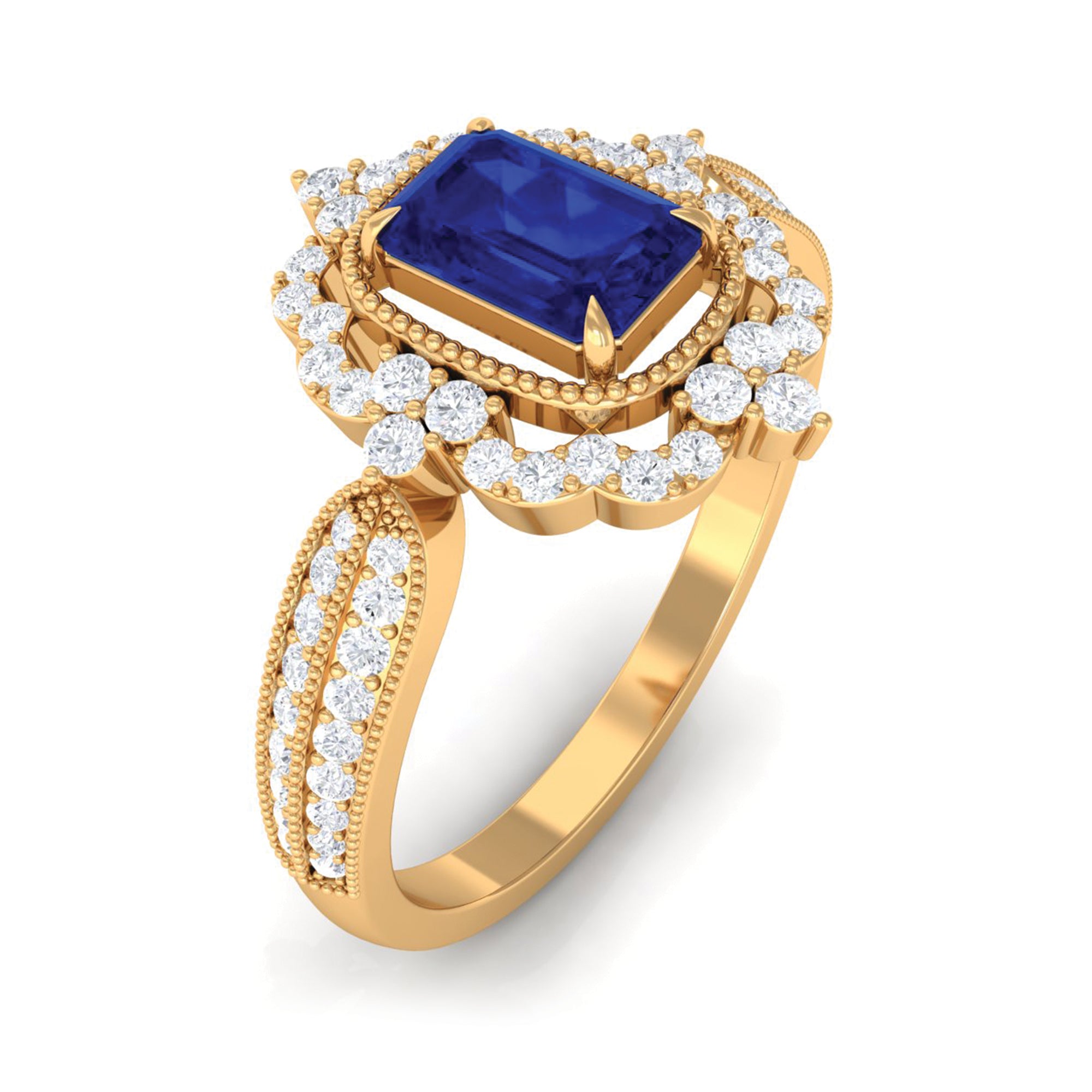 Vintage Style Octagon Blue Sapphire Engagement Ring with Diamond Floral Halo Blue Sapphire - ( AAA ) - Quality - Rosec Jewels