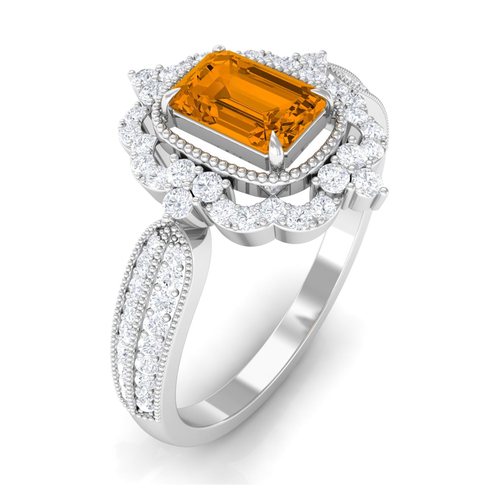 Vintage Style Octagon Citrine Engagement Ring with Moissanite Floral Halo Citrine - ( AAA ) - Quality - Rosec Jewels