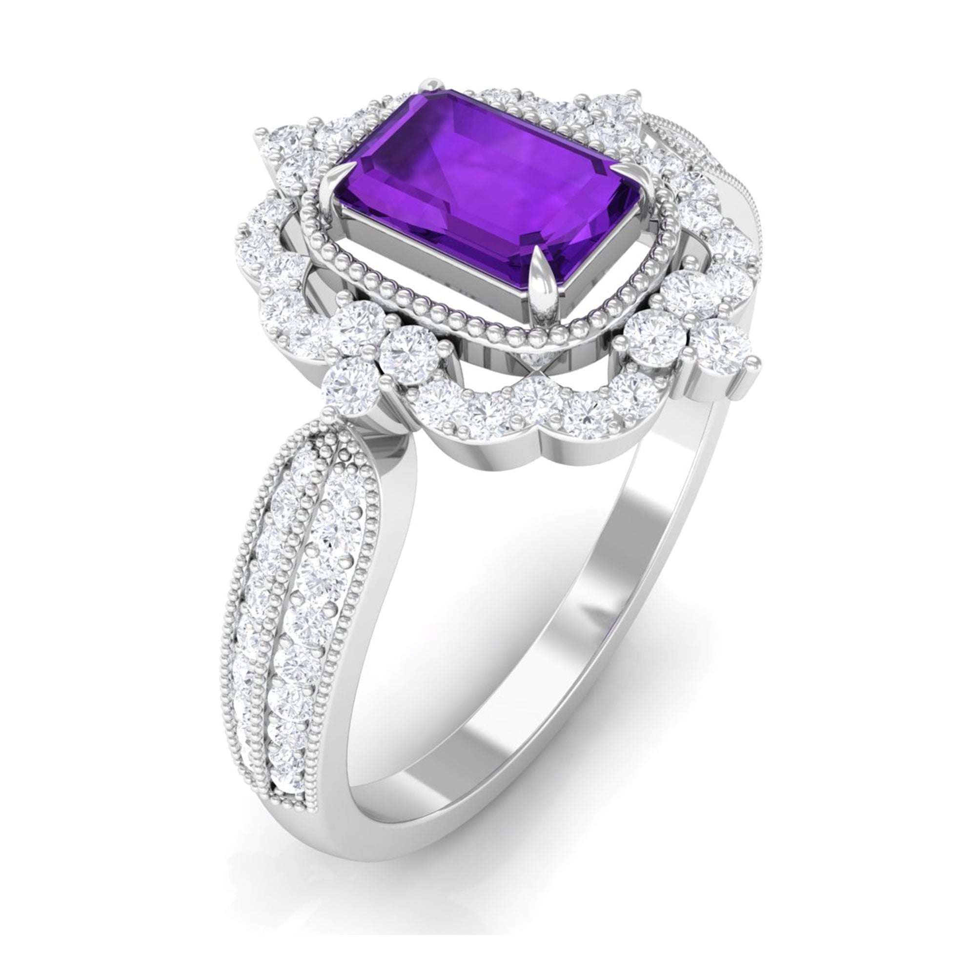 Vintage Style Octagon Amethyst Engagement Ring with Diamond Floral Halo Amethyst - ( AAA ) - Quality - Rosec Jewels