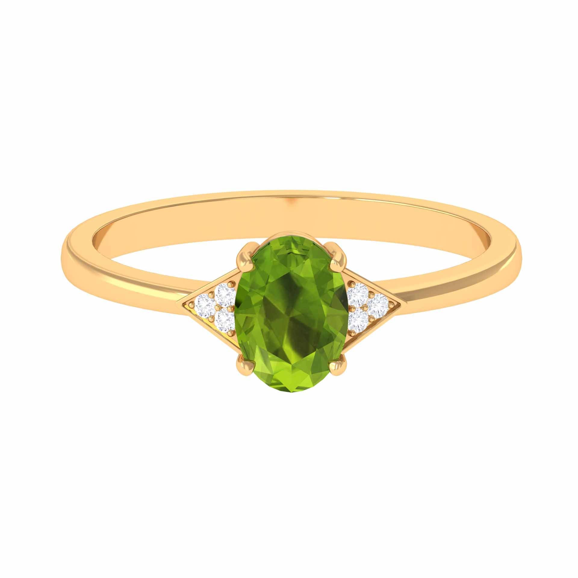 Oval Peridot Solitaire Ring with Diamond Accent Peridot - ( AAA ) - Quality - Rosec Jewels