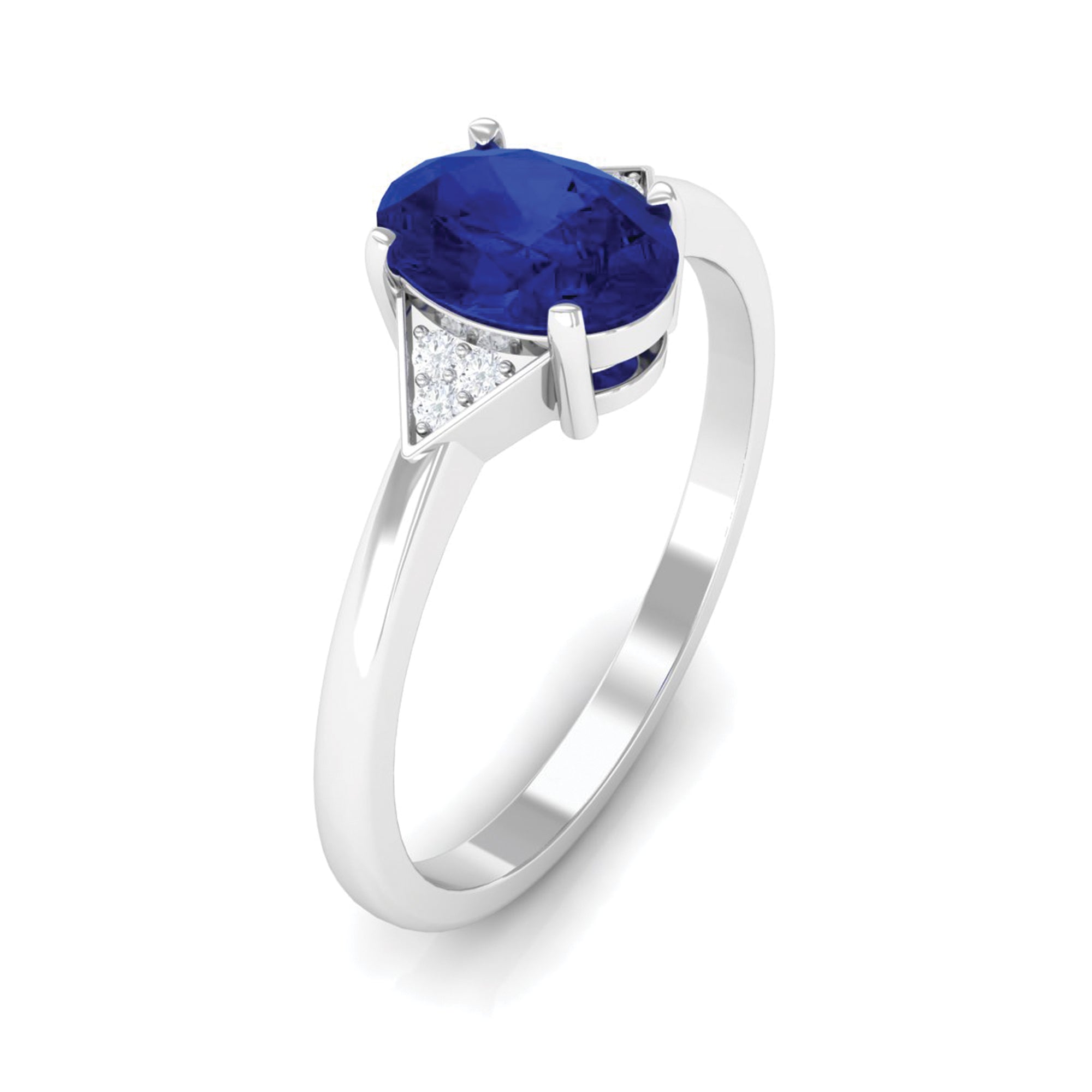 Oval Created Blue Sapphire Solitaire Ring with Diamond Accent Lab Created Blue Sapphire - ( AAAA ) - Quality - Rosec Jewels