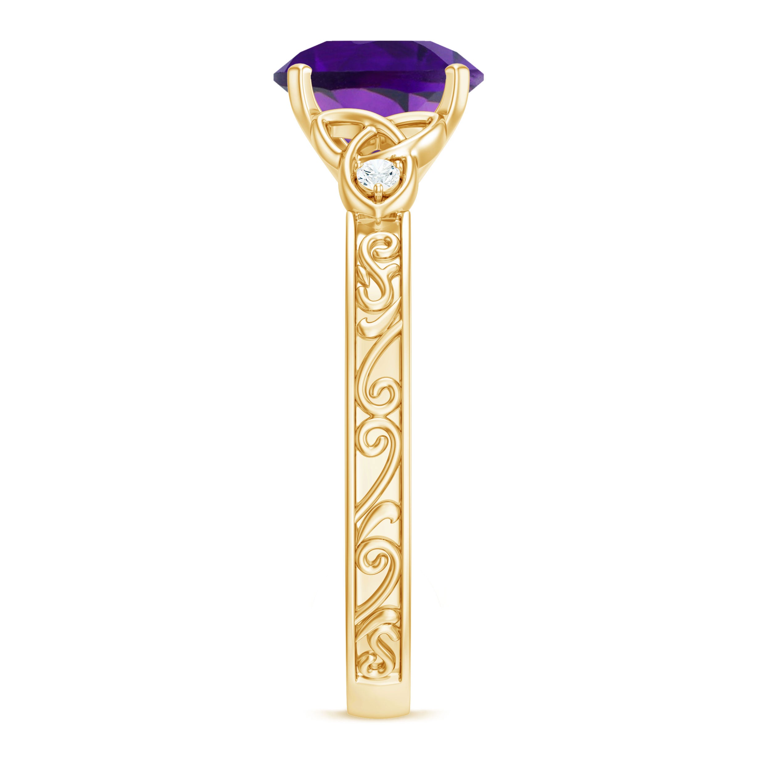 Solitaire Amethyst Celtic Knot Ring with Diamond Amethyst - ( AAA ) - Quality - Rosec Jewels