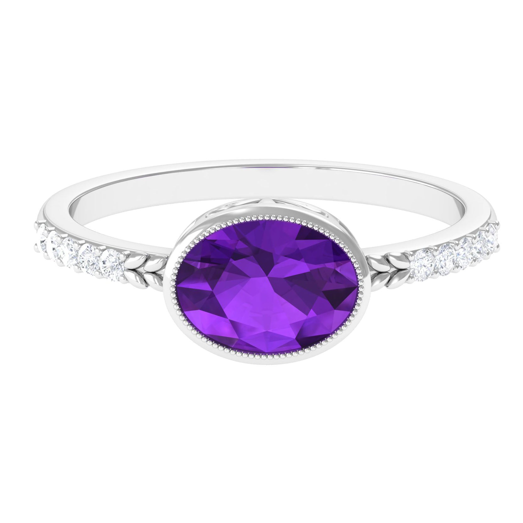 Oval Amethyst Solitaire Engagement Ring with Diamond Amethyst - ( AAA ) - Quality - Rosec Jewels