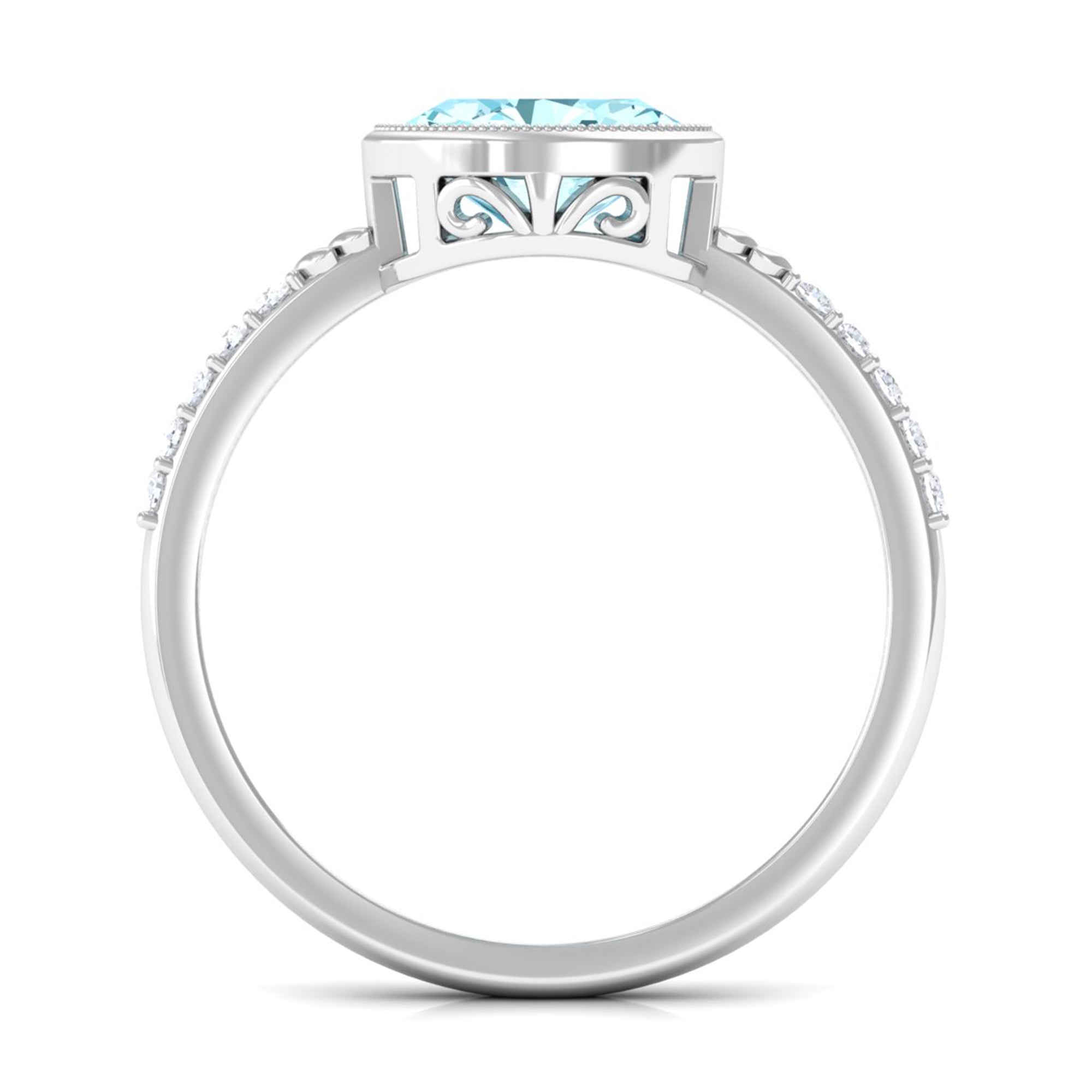 Bezel Set Oval Aquamarine East West Engagement Ring with Diamond Aquamarine - ( AAA ) - Quality - Rosec Jewels