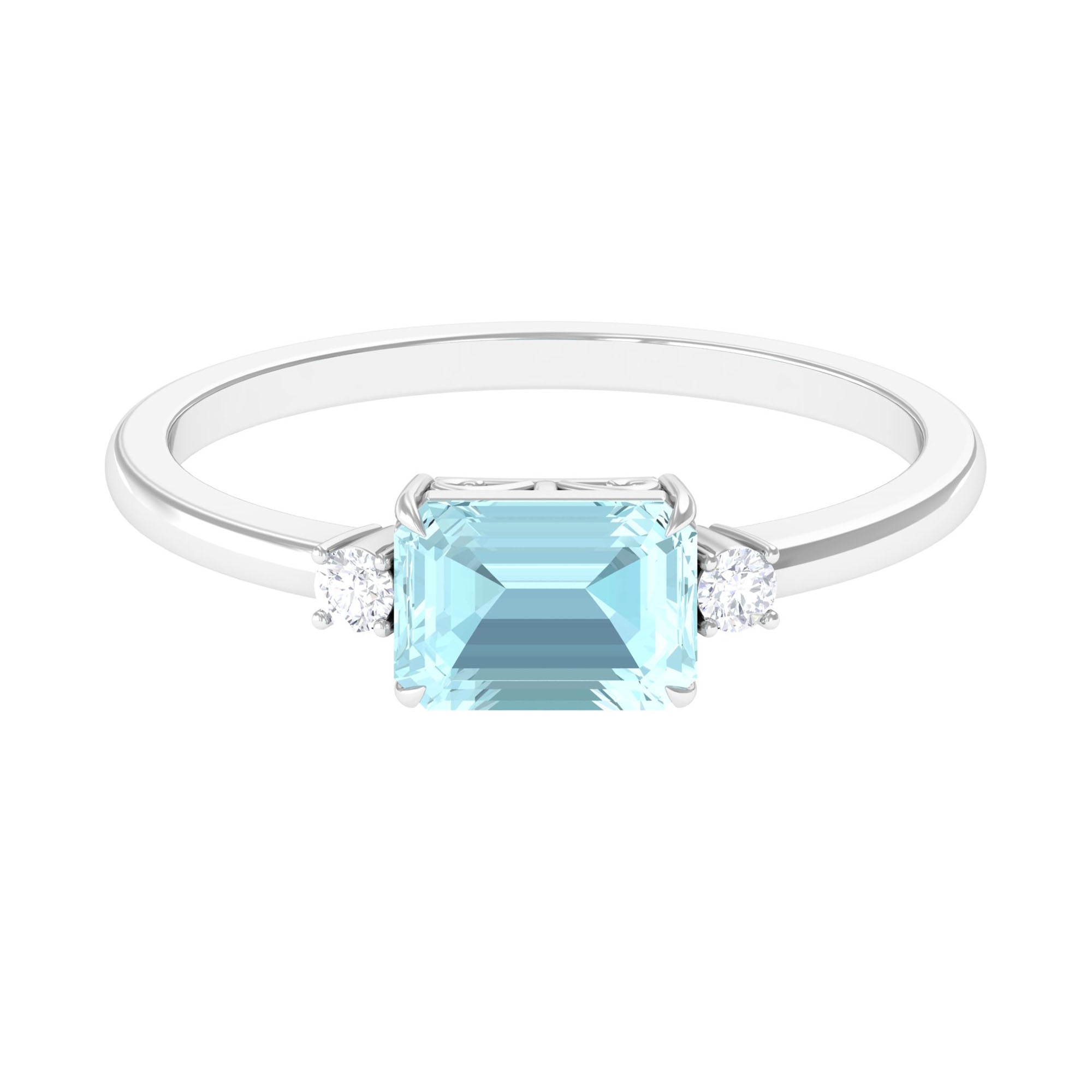 Emerald Cut Sky Blue Topaz East West Engagement Ring with Diamond Sky Blue Topaz - ( AAA ) - Quality - Rosec Jewels