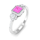 Princess Cut Pink Sapphire Engagement Ring with Diamond Halo Pink Sapphire - ( AAA ) - Quality - Rosec Jewels