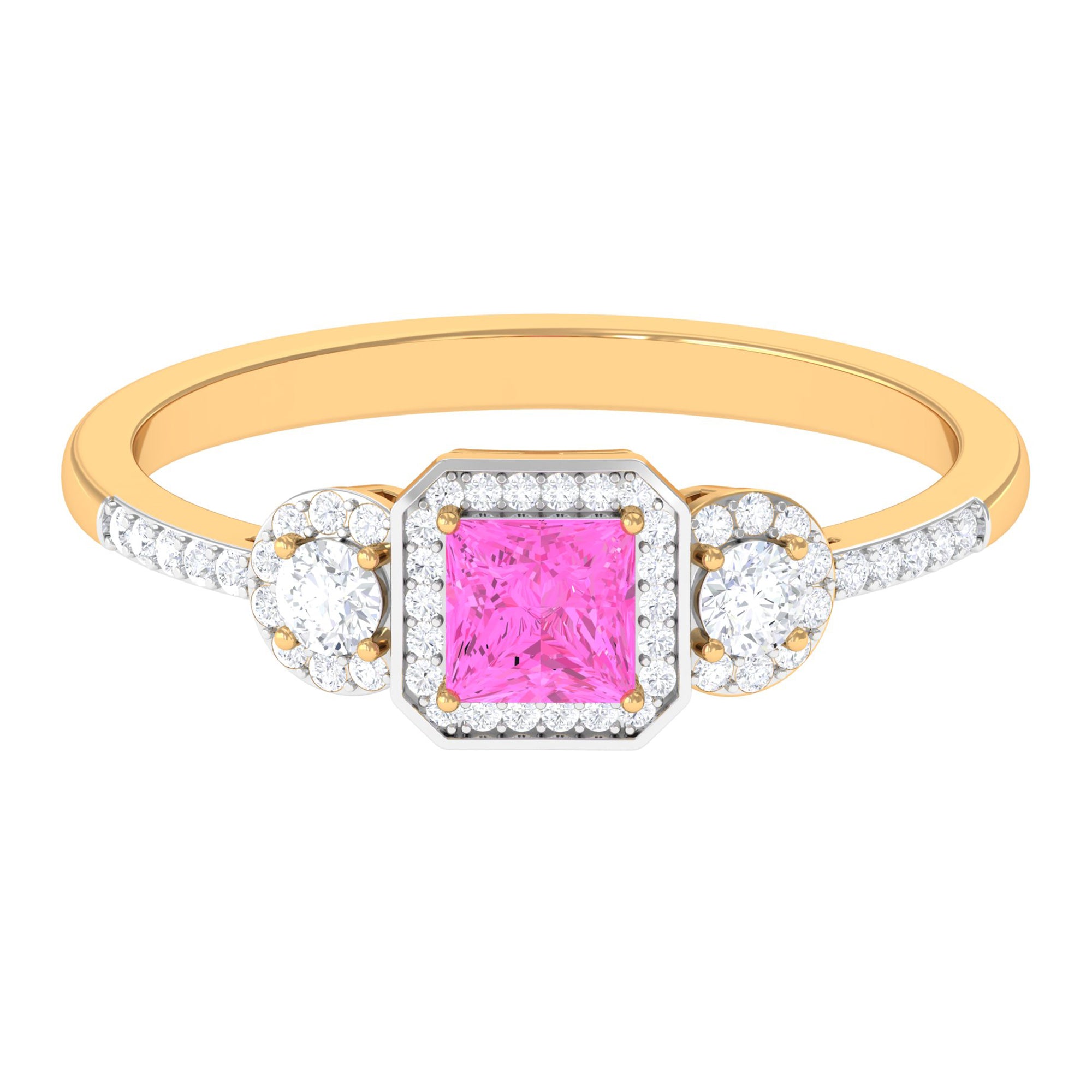 Princess Cut Pink Sapphire Engagement Ring with Diamond Halo Pink Sapphire - ( AAA ) - Quality - Rosec Jewels