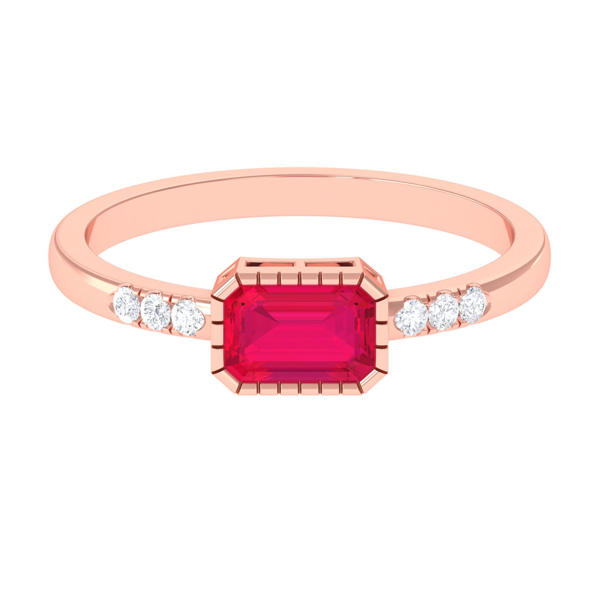 Emerald Cut Ruby East West Engagement Ring with Diamond Ruby - ( AAA ) - Quality - Rosec Jewels