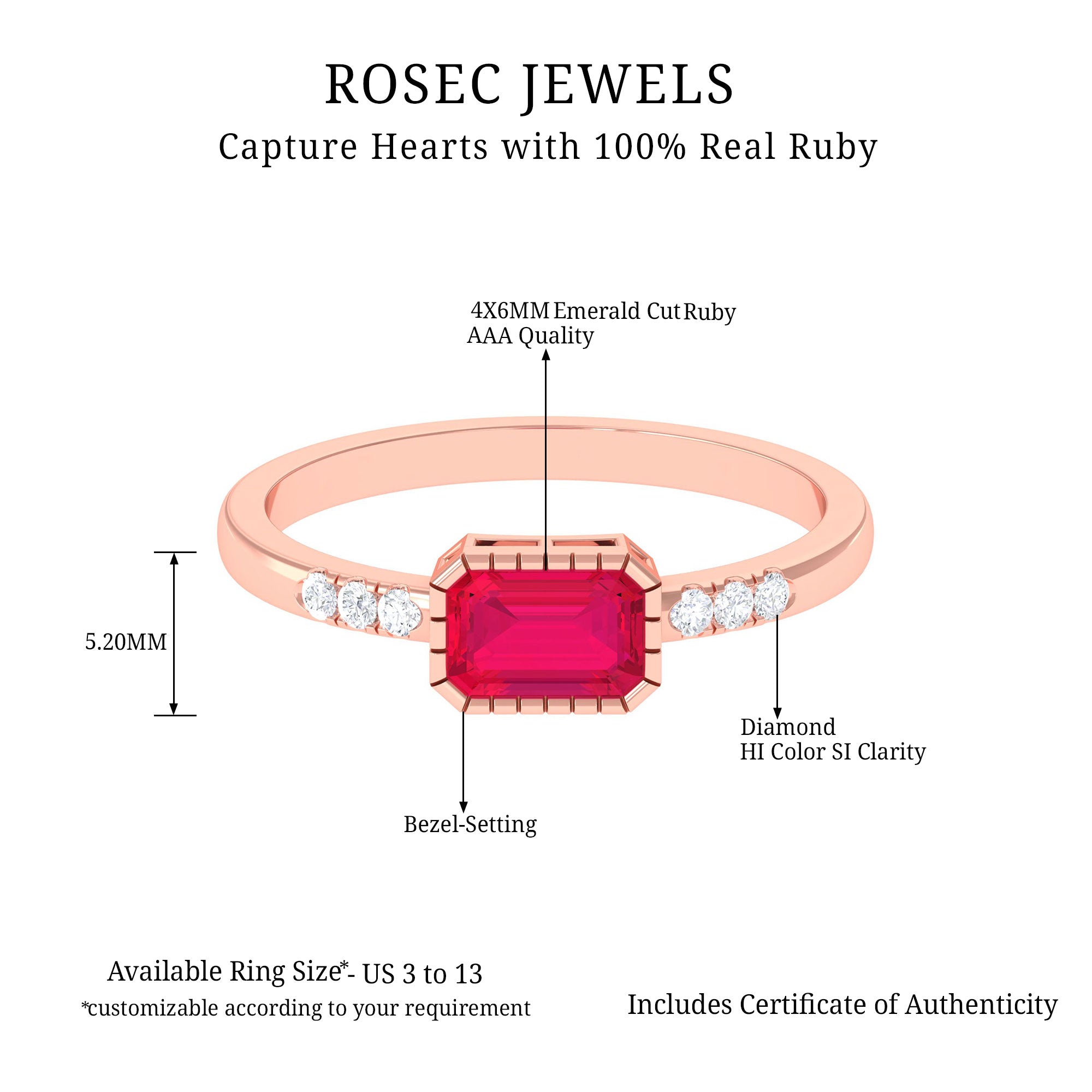 Emerald Cut Ruby East West Engagement Ring with Diamond Ruby - ( AAA ) - Quality - Rosec Jewels
