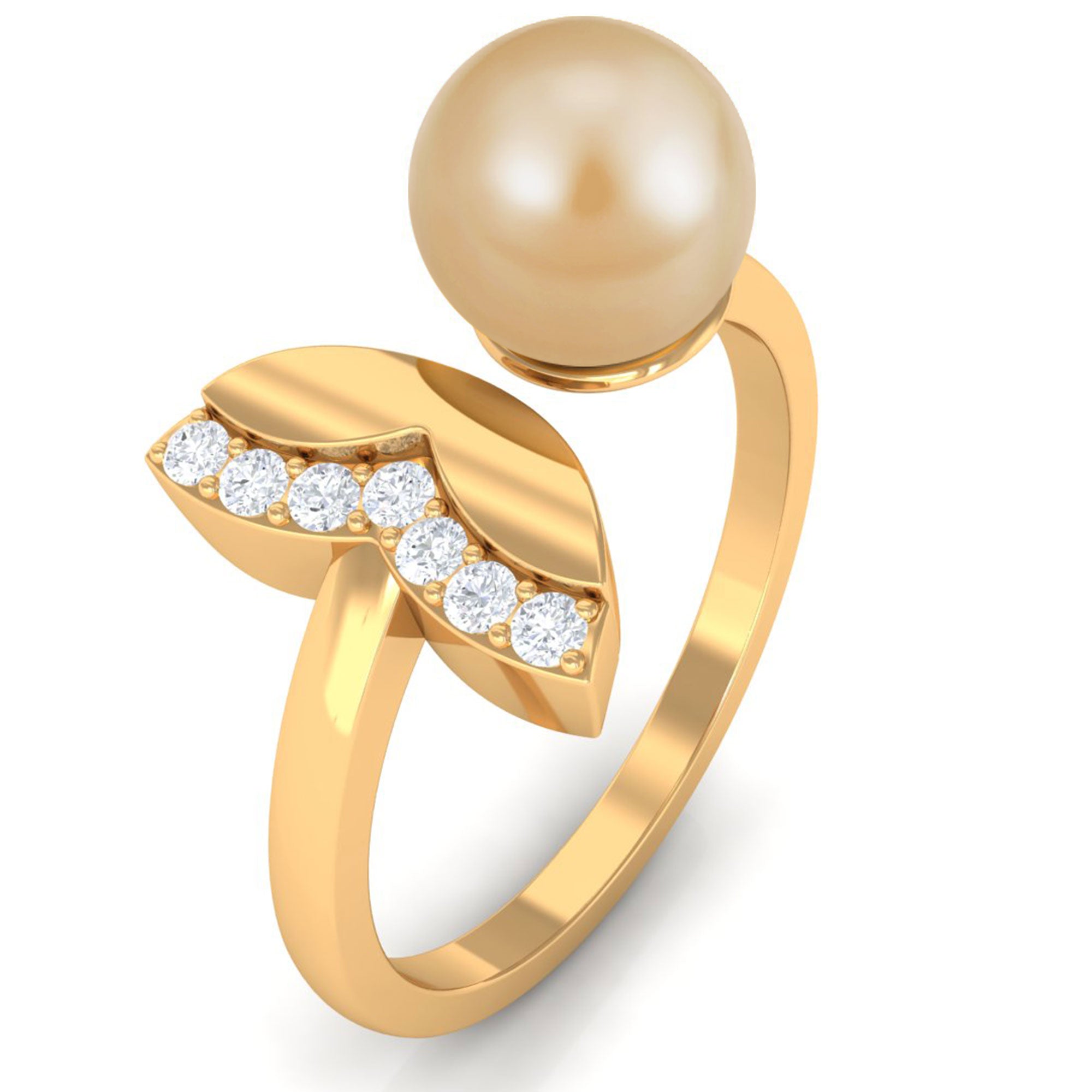 Round South Sea Pearl Solitaire Cuff Ring with Diamond South Sea Pearl - ( AAA ) - Quality - Rosec Jewels