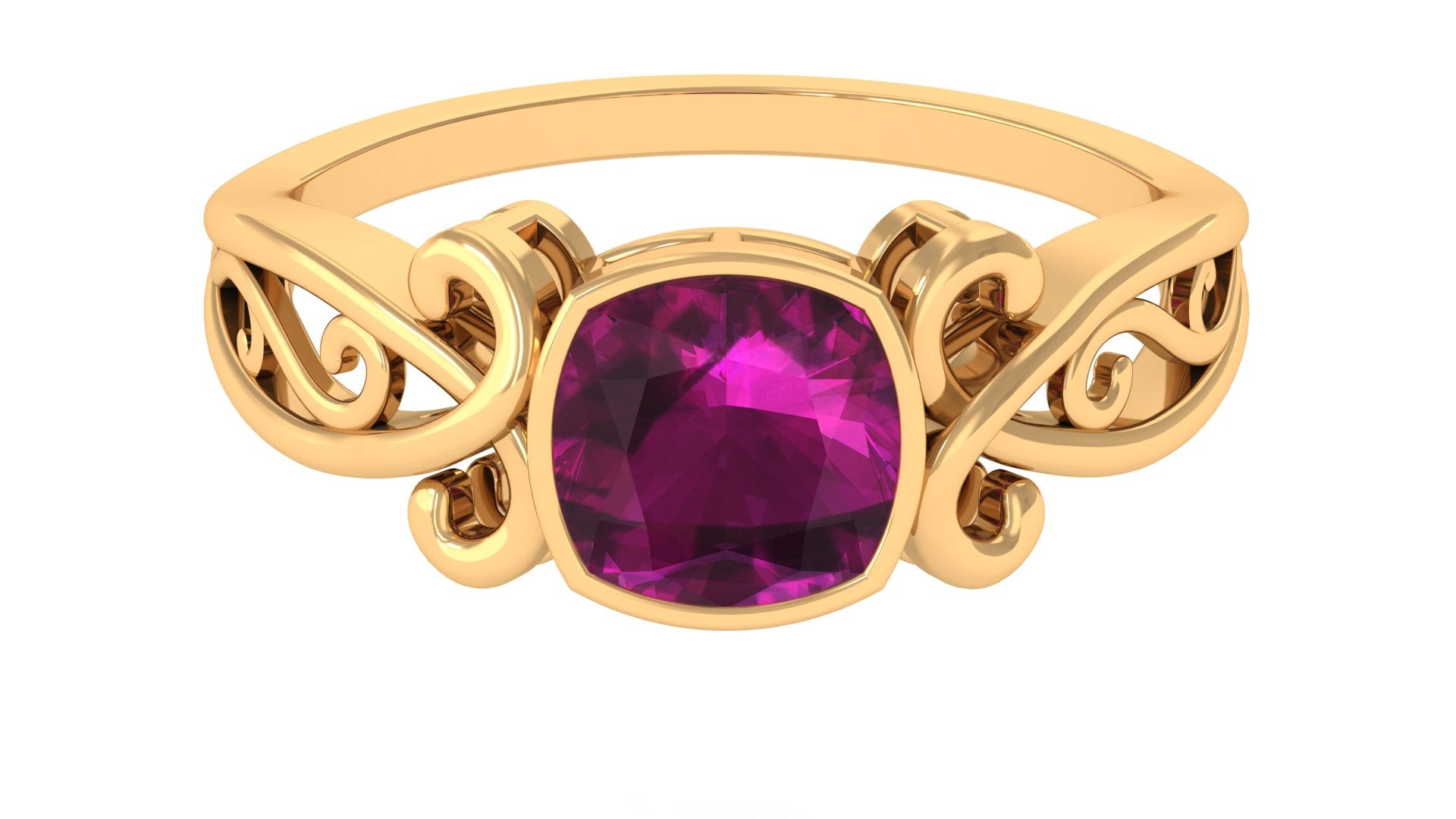 Vintage Style Cushion Cut Rhodolite Solitaire Ring in Bezel Setting Rhodolite - ( AAA ) - Quality - Rosec Jewels