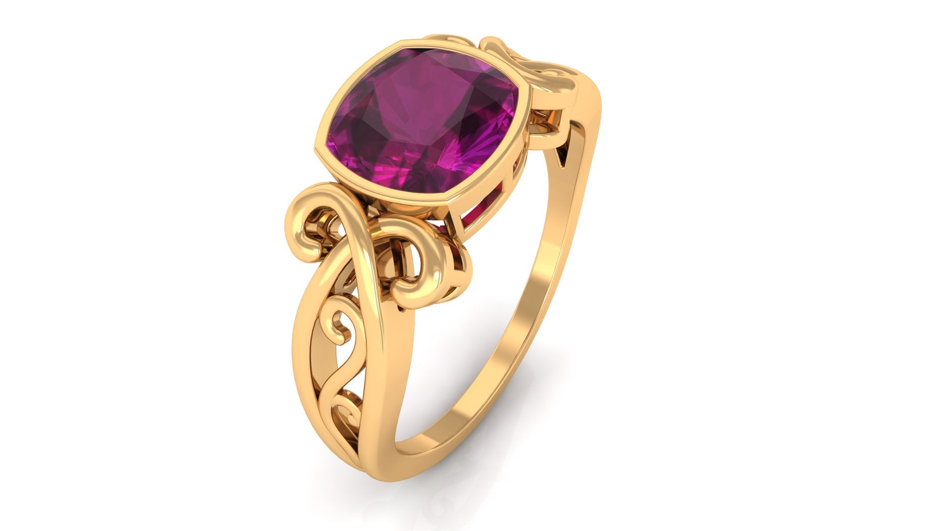 Vintage Style Cushion Cut Rhodolite Solitaire Ring in Bezel Setting Rhodolite - ( AAA ) - Quality - Rosec Jewels