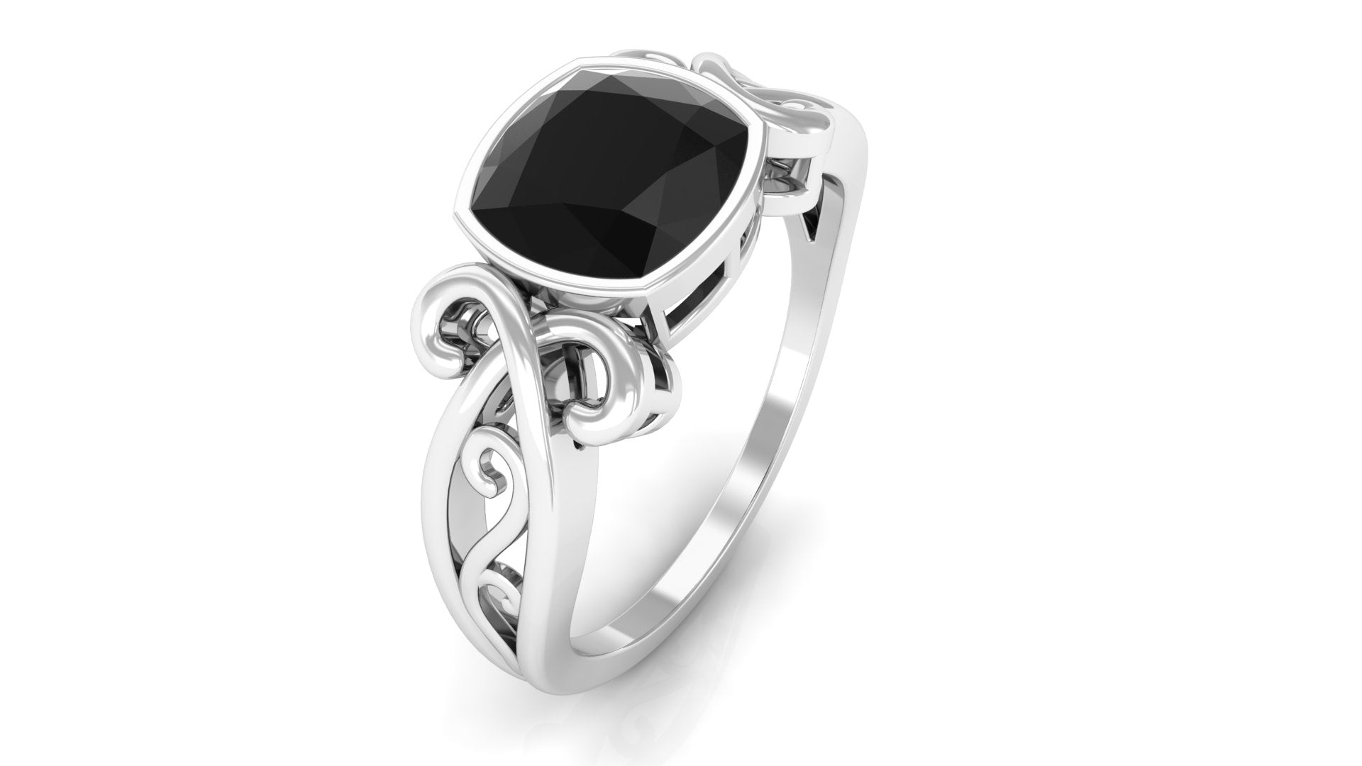 Cushion Black Spinel Solitaire Vintage Inspired Ring in Bezel Setting Black Spinel - ( AAA ) - Quality - Rosec Jewels