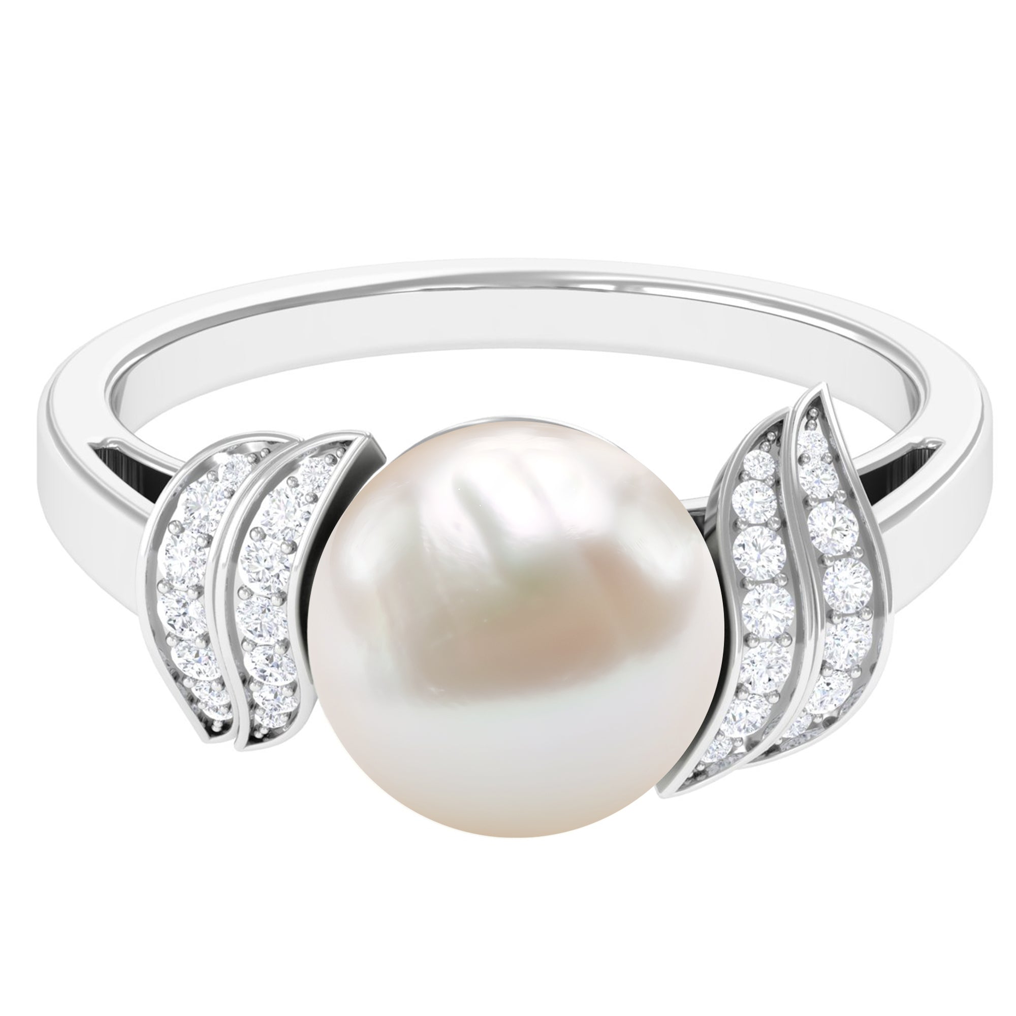 Elegant Freshwater Pearl Solitaire Ring with Diamond Accent Freshwater Pearl - ( AAA ) - Quality - Rosec Jewels