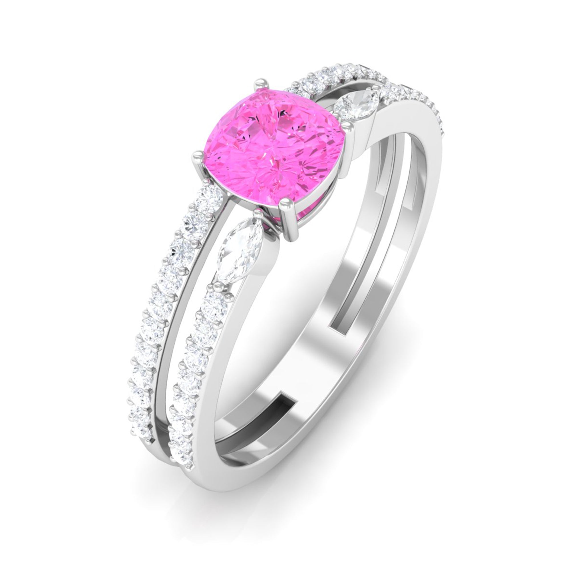 Created Pink Sapphire and Diamond Anniversary Double Band Ring Lab Created Pink Sapphire - ( AAAA ) - Quality - Rosec Jewels