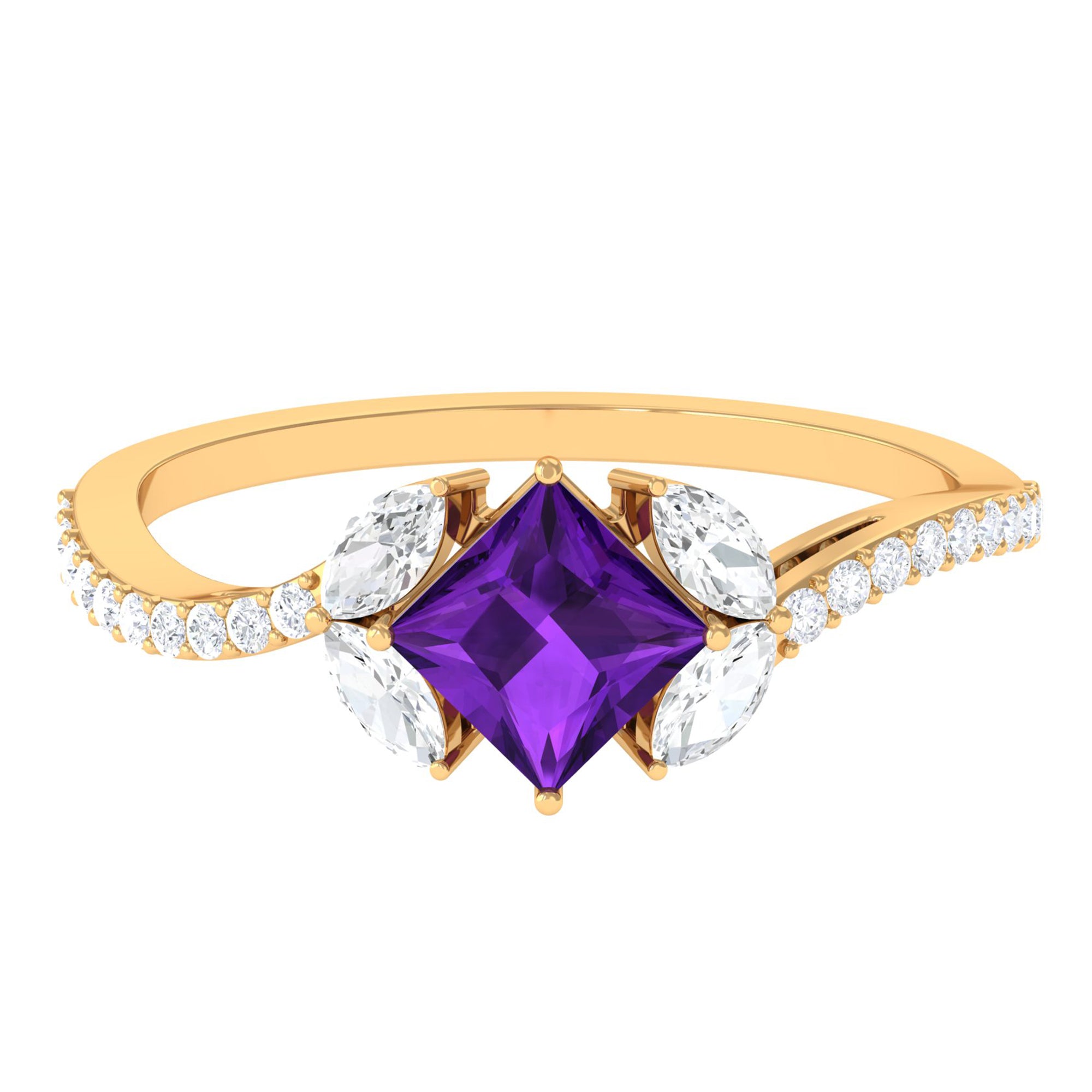 Nature Inspired Princess Cut Amethyst and Diamond Engagement Ring Amethyst - ( AAA ) - Quality - Rosec Jewels