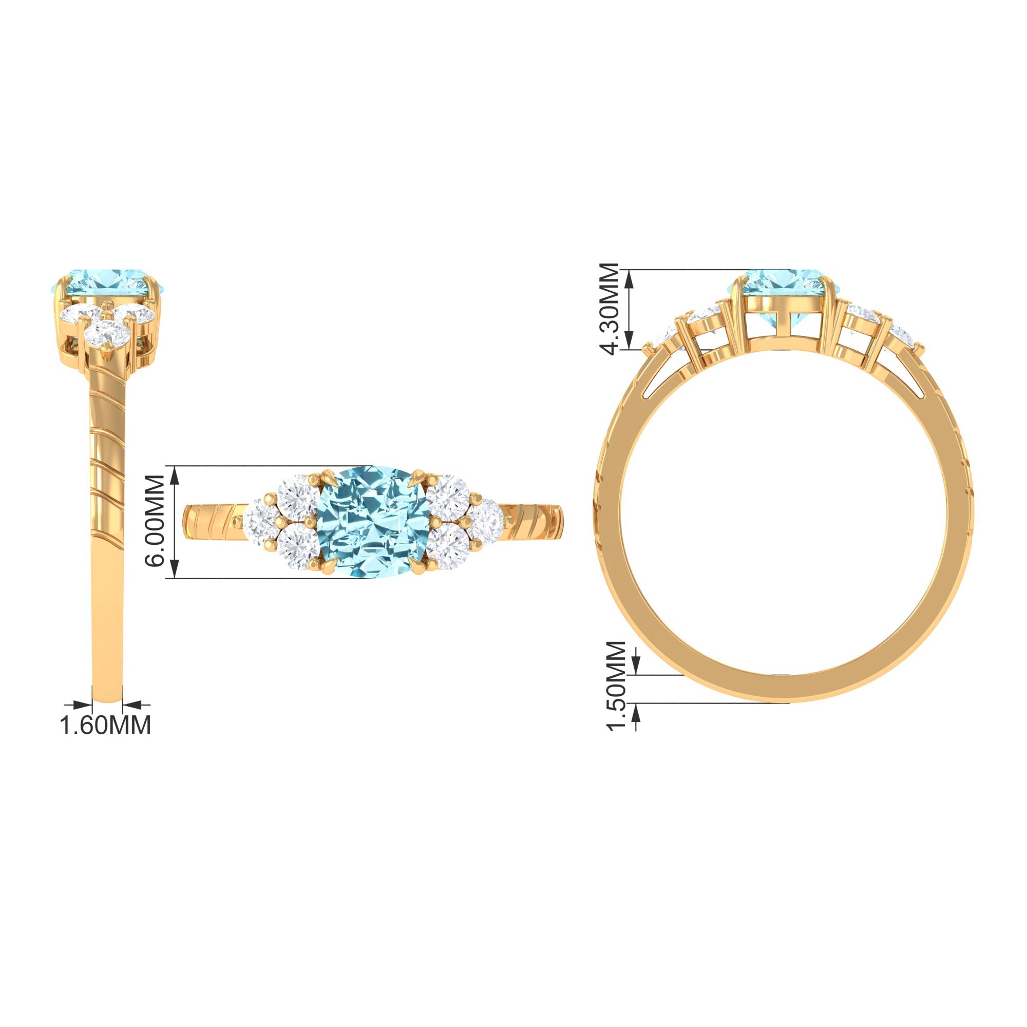 Cushion Cut Aquamarine Solitaire Ring with Diamond Aquamarine - ( AAA ) - Quality - Rosec Jewels