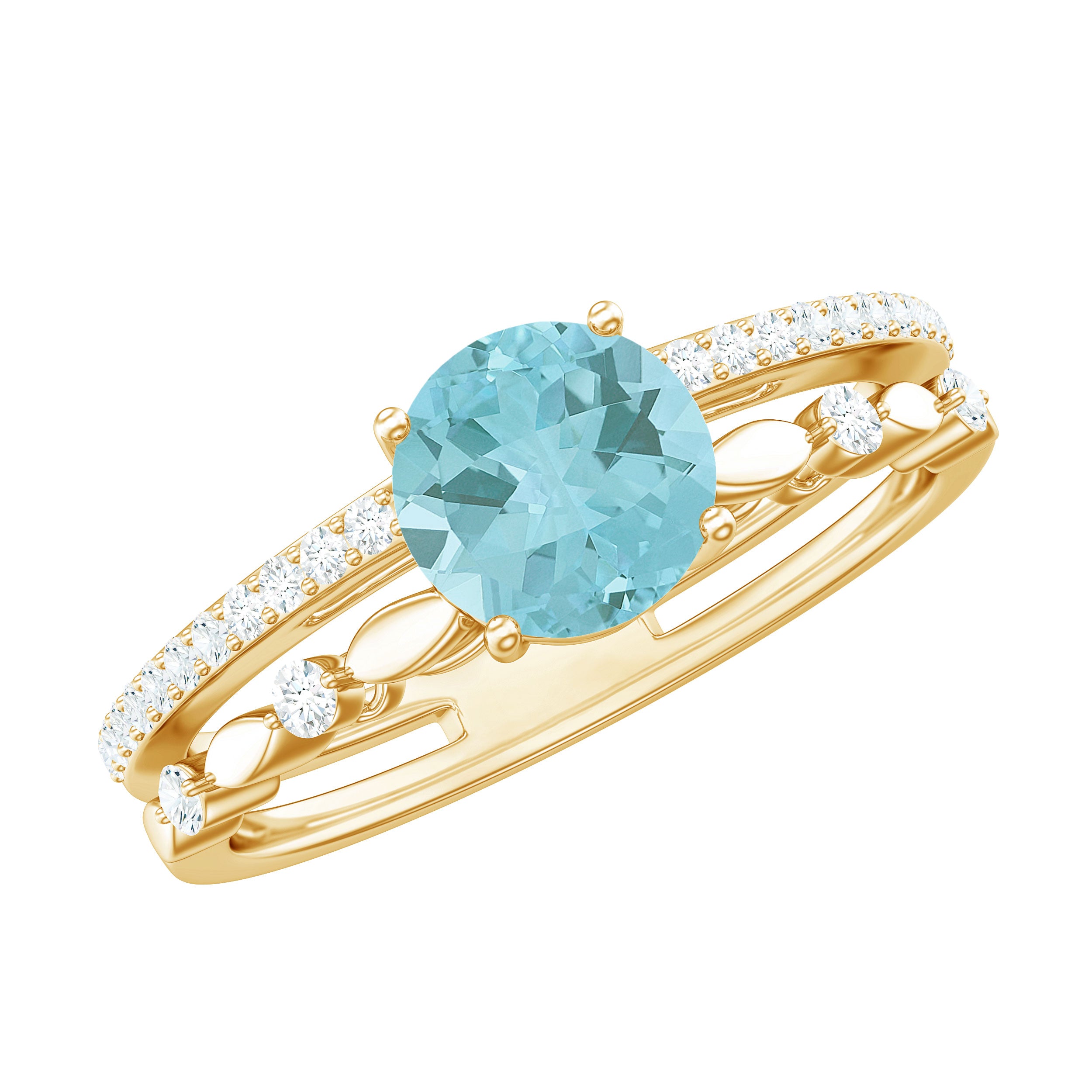 Solitaire Sky Blue Topaz Double Band Engagement Ring with Diamond Sky Blue Topaz - ( AAA ) - Quality - Rosec Jewels