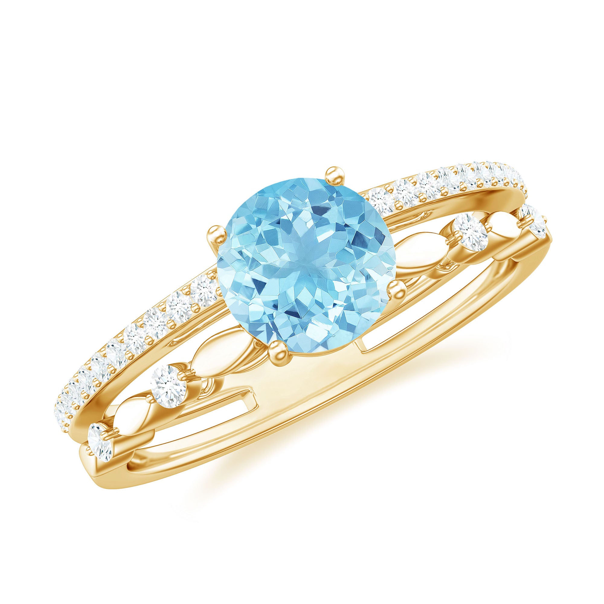 Solitaire Aquamarine and Diamond Double Band Ring Aquamarine - ( AAA ) - Quality - Rosec Jewels