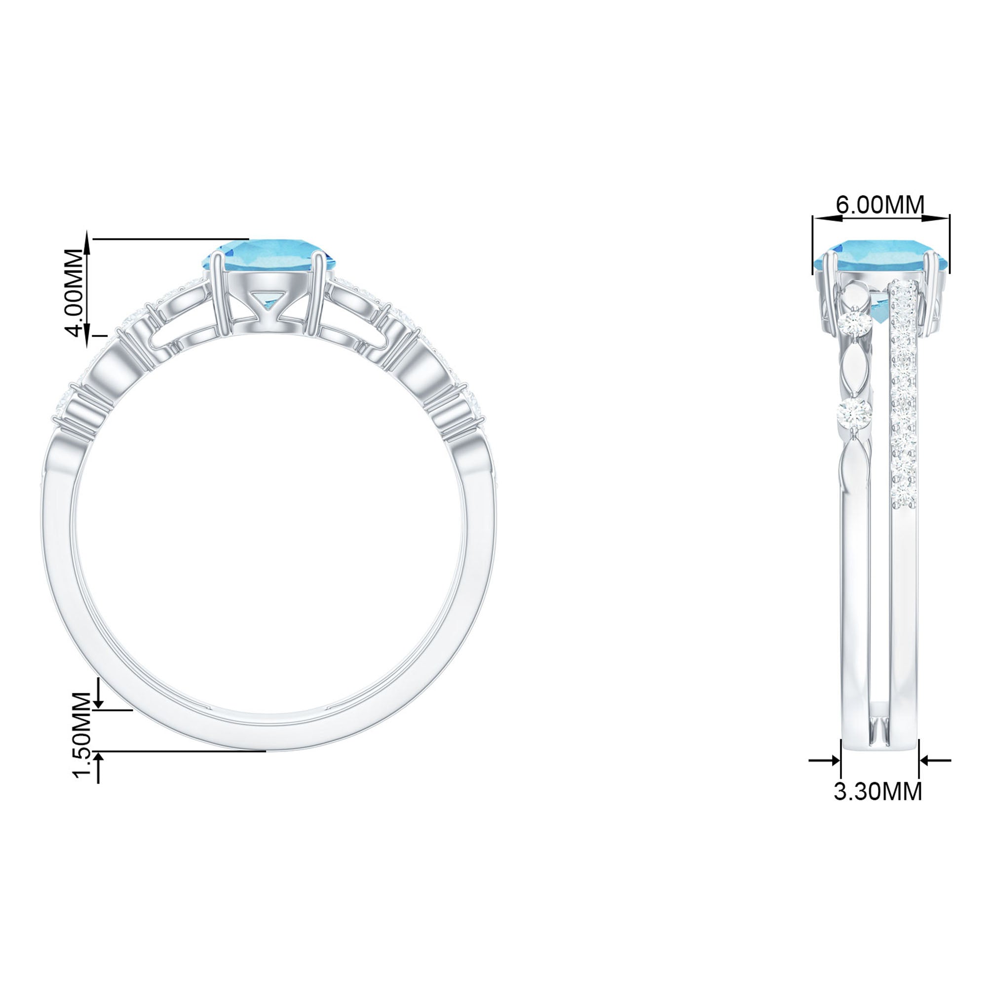 Solitaire Aquamarine and Diamond Double Band Ring Aquamarine - ( AAA ) - Quality - Rosec Jewels